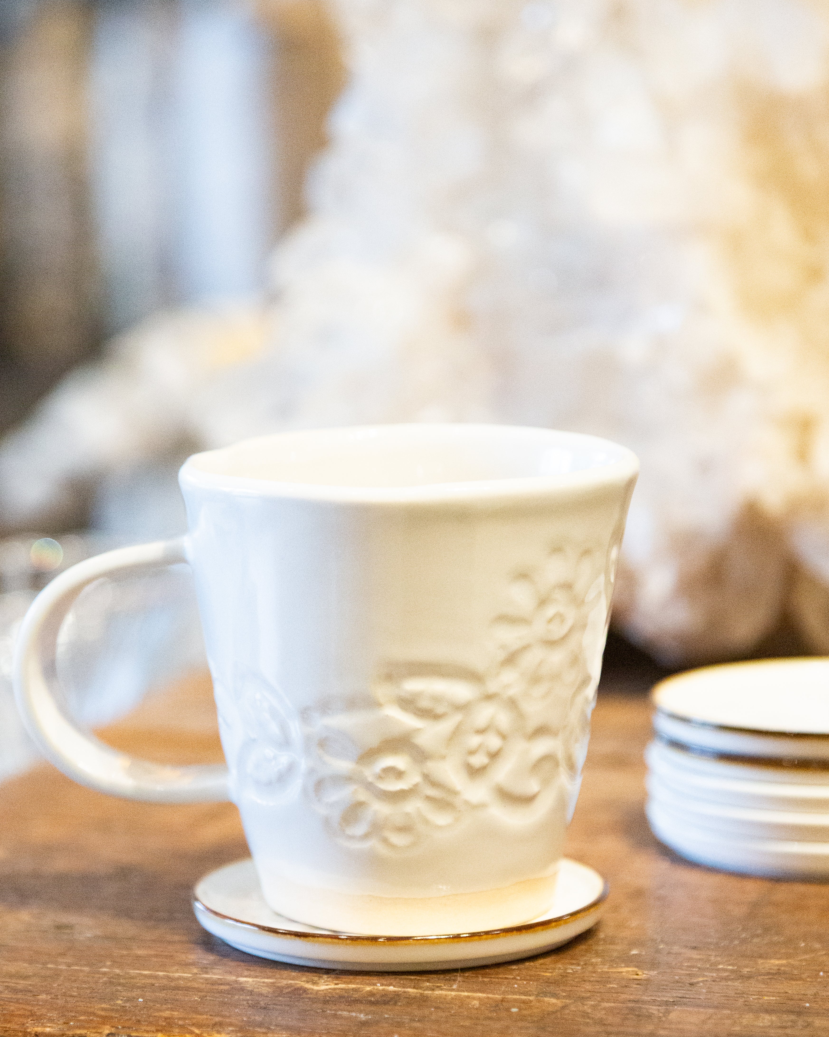 Porcelain Carved Flower Coaster | Moonflower, White