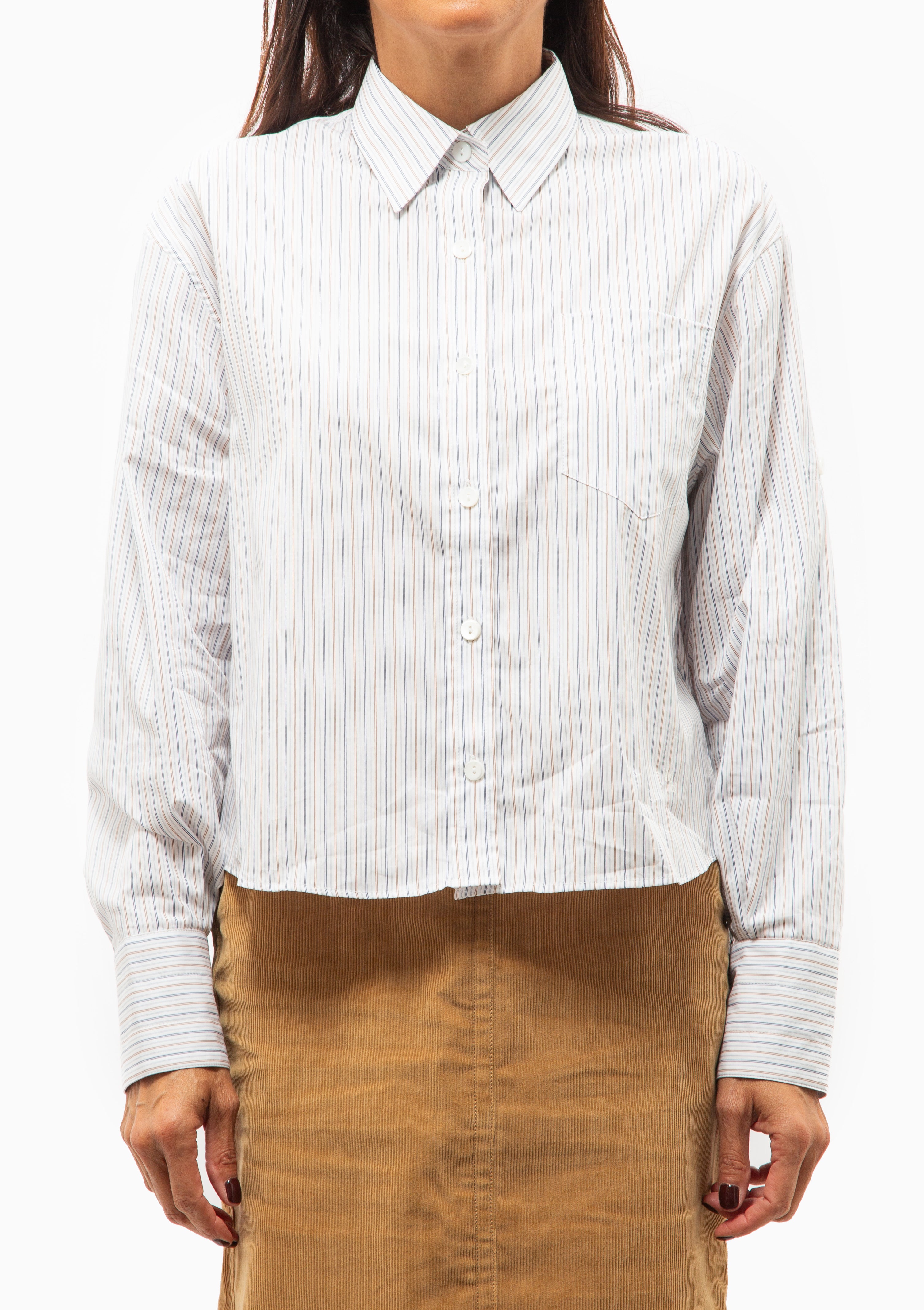 Button Sleeve Crop Shirt | White/Blue/Brown Stripe