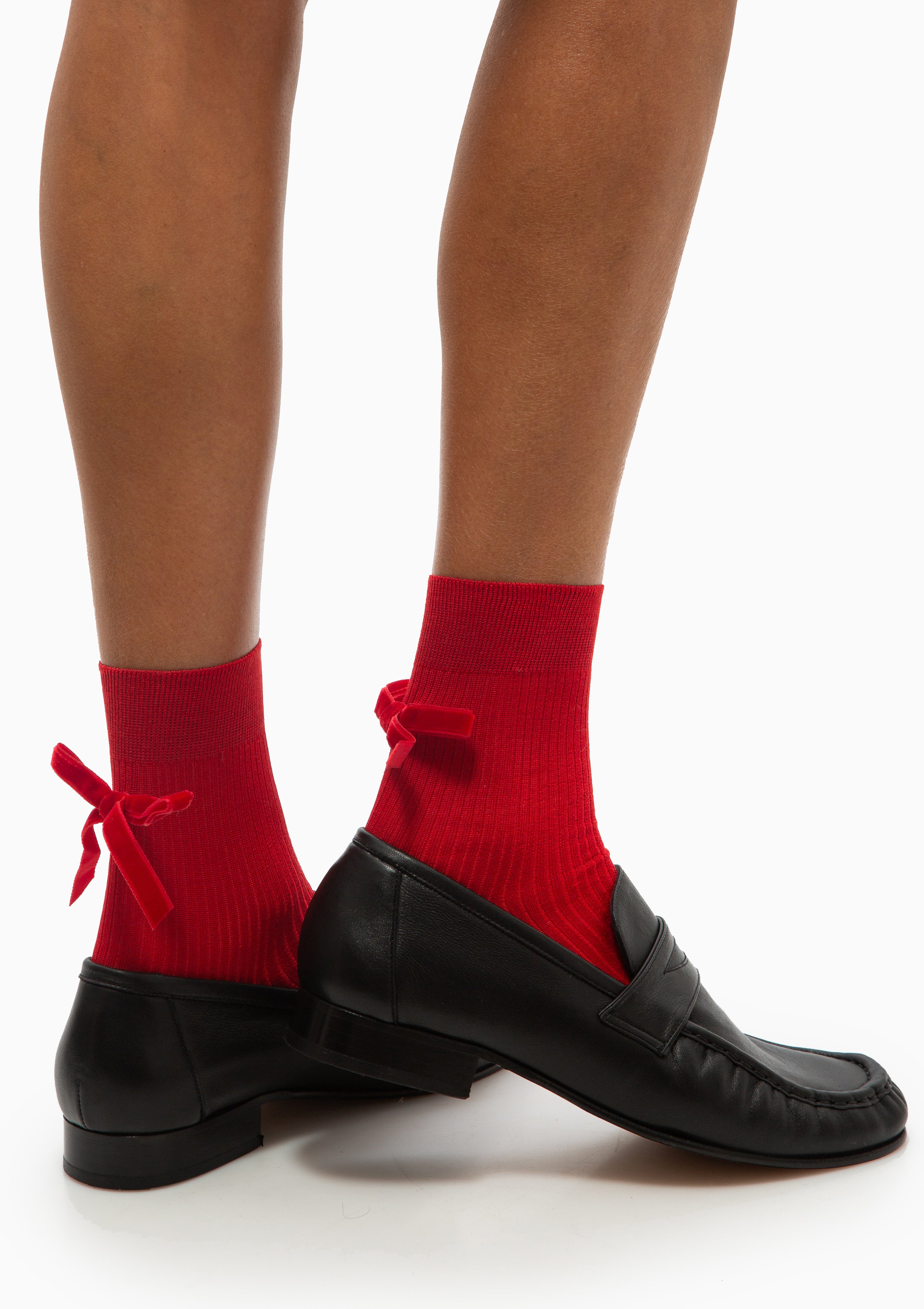 One Ribbed Velvet Bow Socks | Red