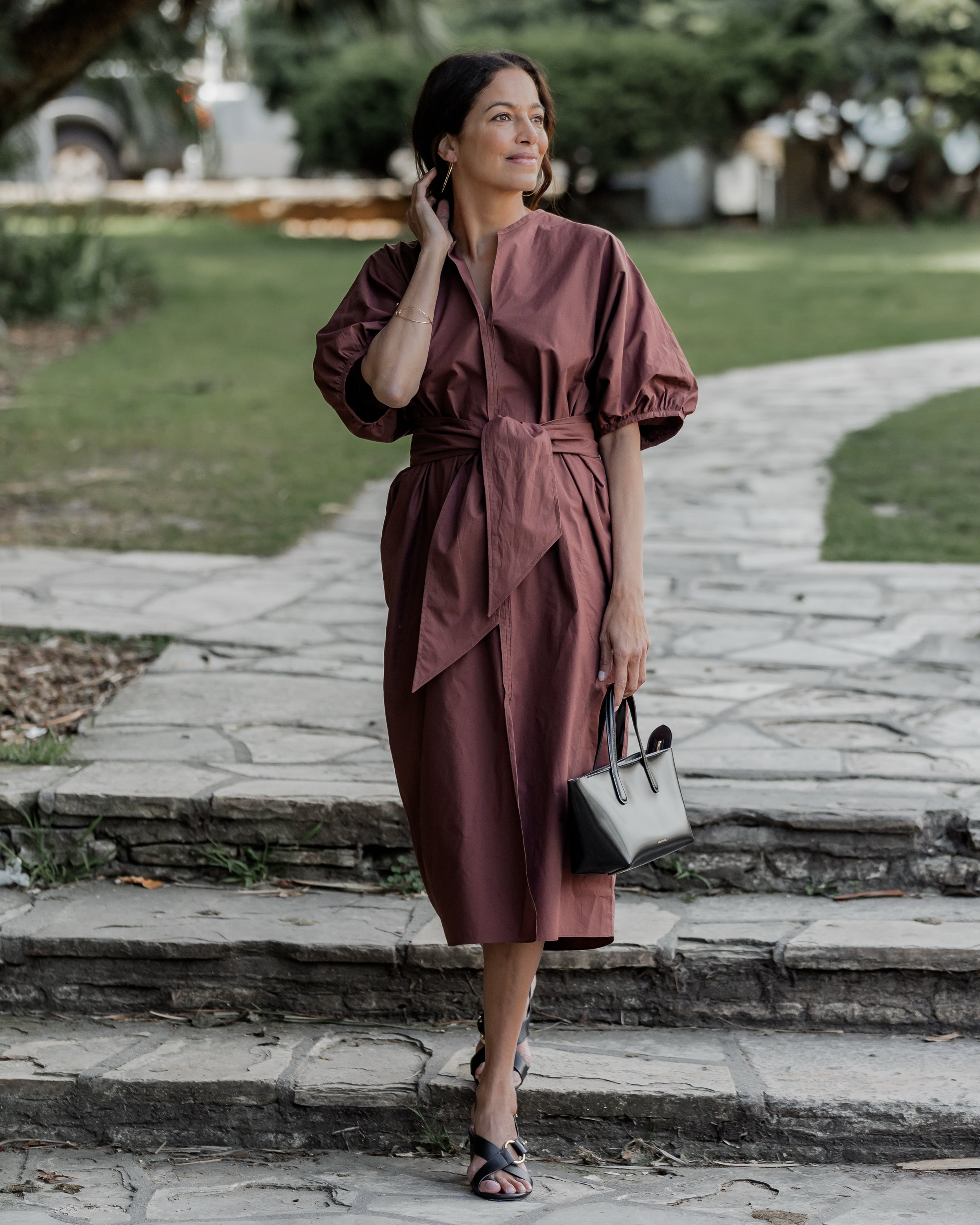 Timeless Soeur midi dress featuring clean lines and soft fabric, available through Diani Boutique. Shown with the Mini Everyday Handbag by Mansur Gavriel and the Soeur Florentine Sandal.