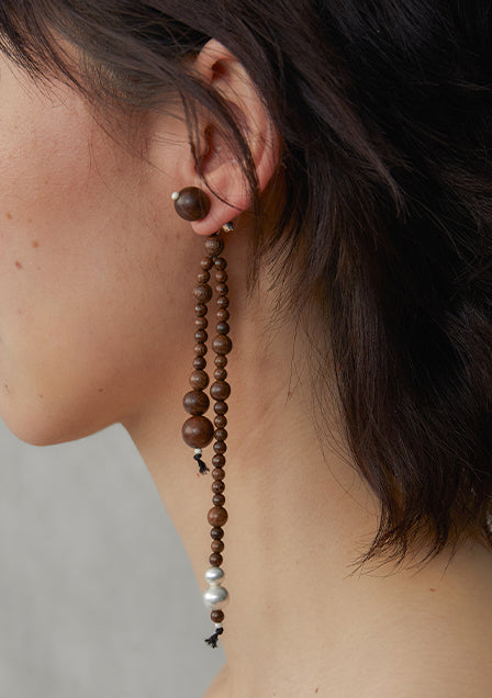 Bountiful Branch, Long Zebra Wood & Sterling Silver Beaded Dangle Earrings