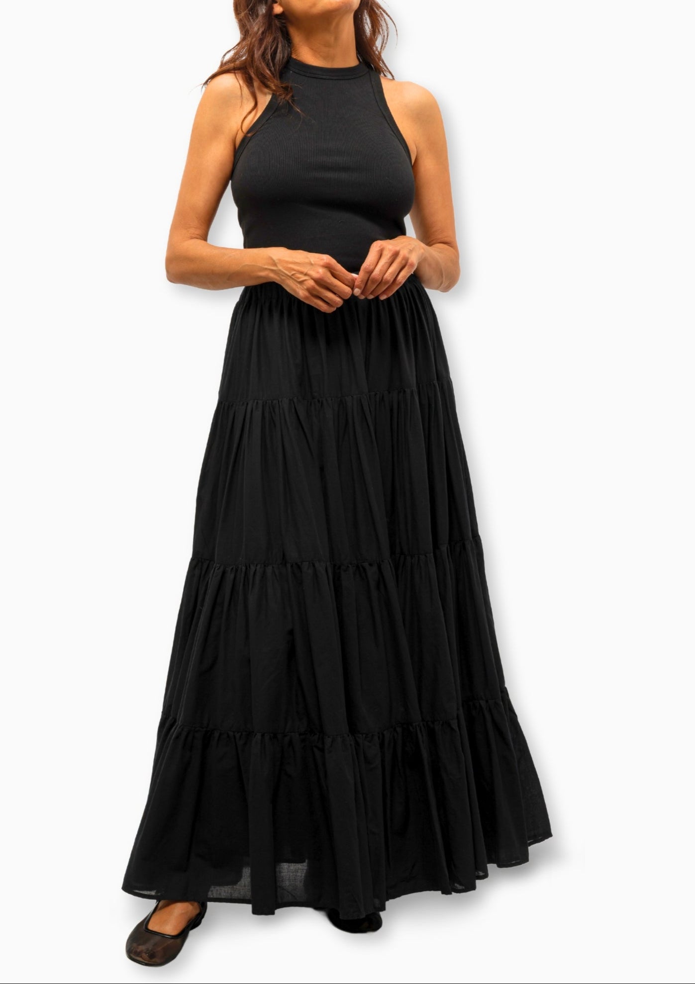 Shirred Ruffle Tiered Skirt | Black