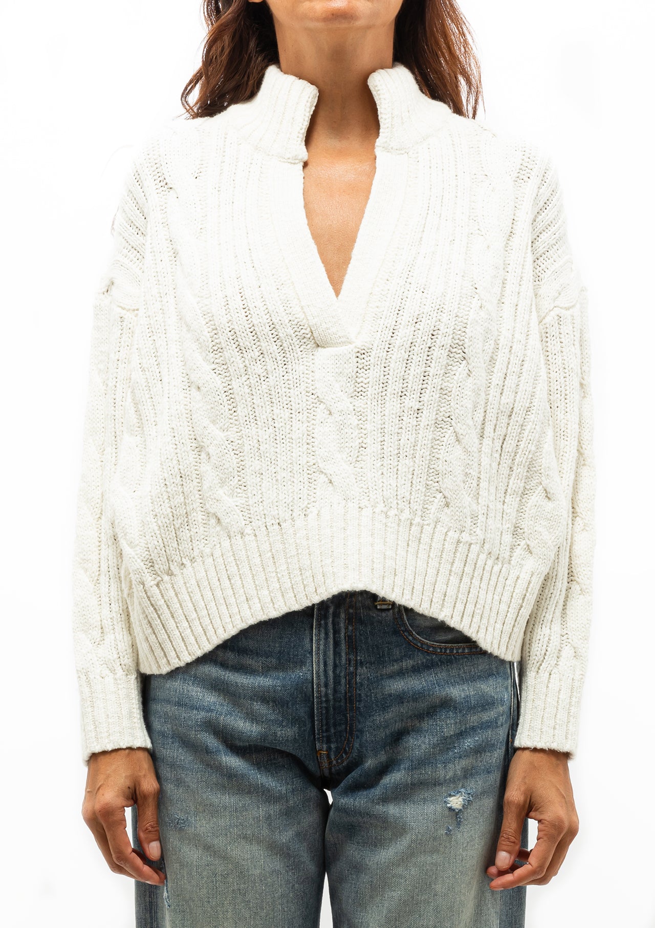 Split Neck Cable Sweater | White