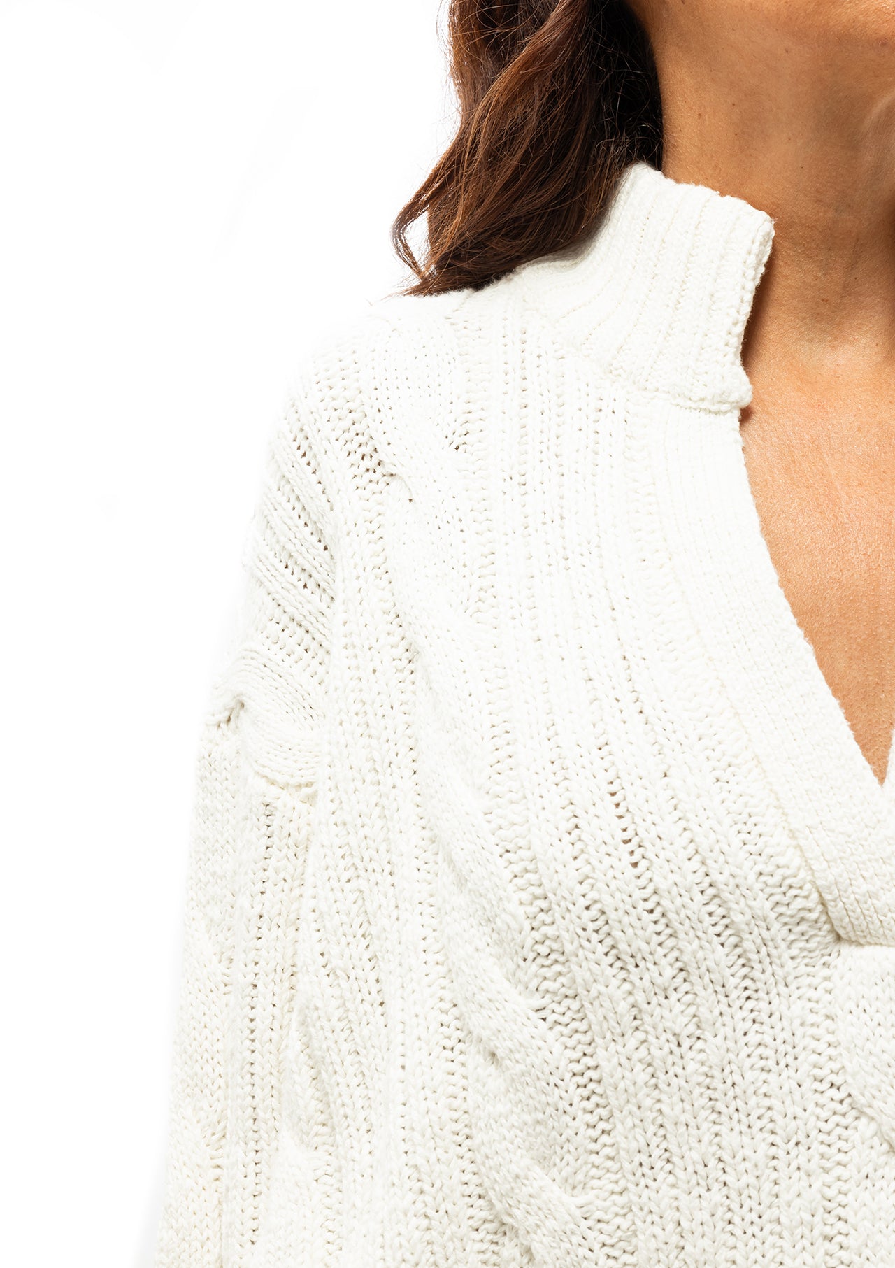 Split Neck Cable Sweater | White