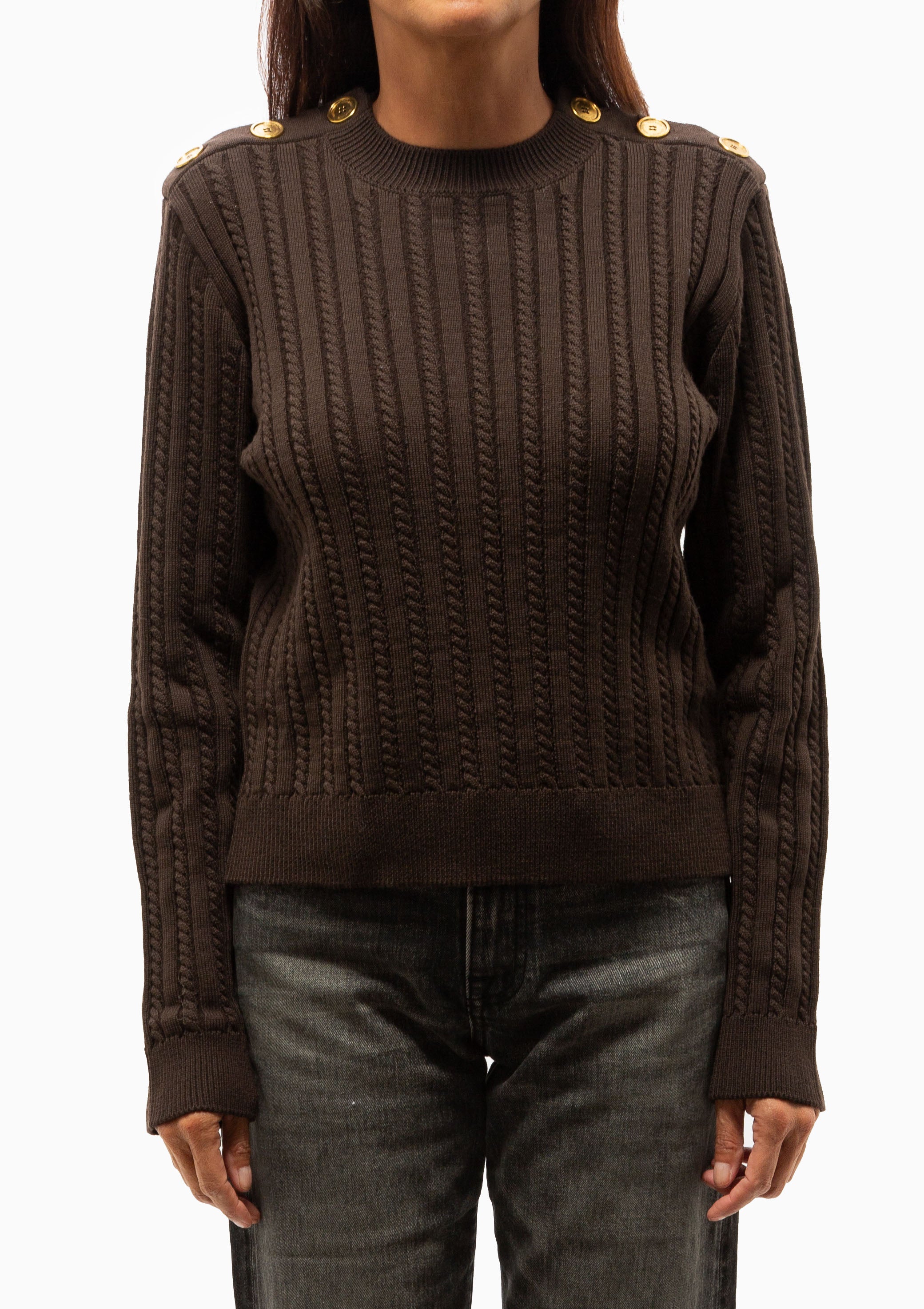 Crewneck Sweater With Gold Buttons | Brown