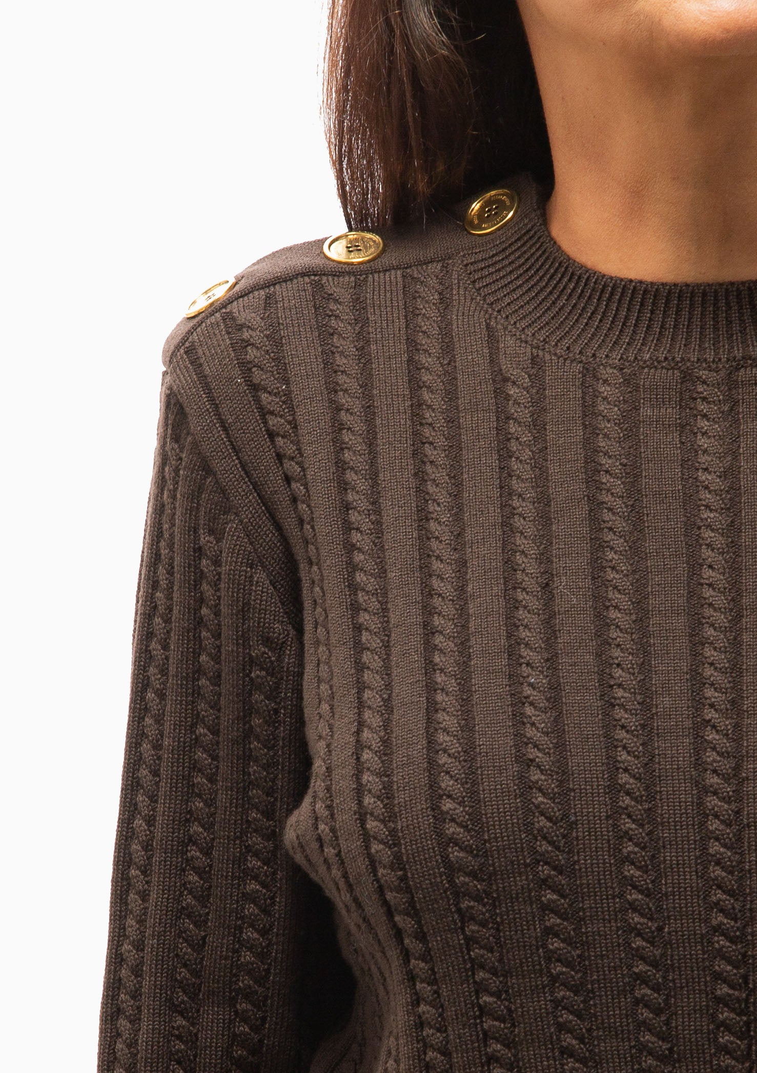 Crewneck Sweater With Gold Buttons | Brown