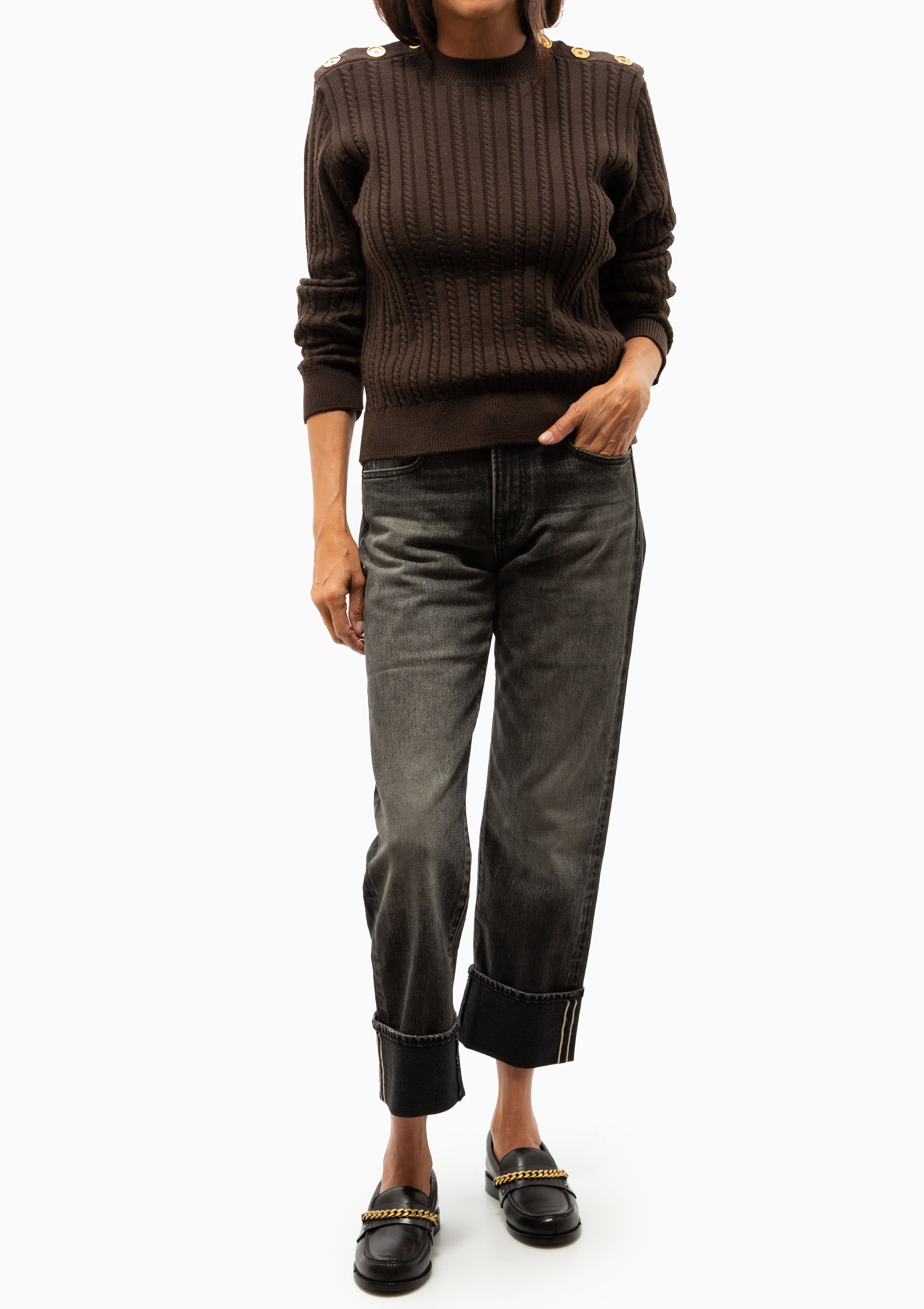 Crewneck Sweater With Gold Buttons | Brown