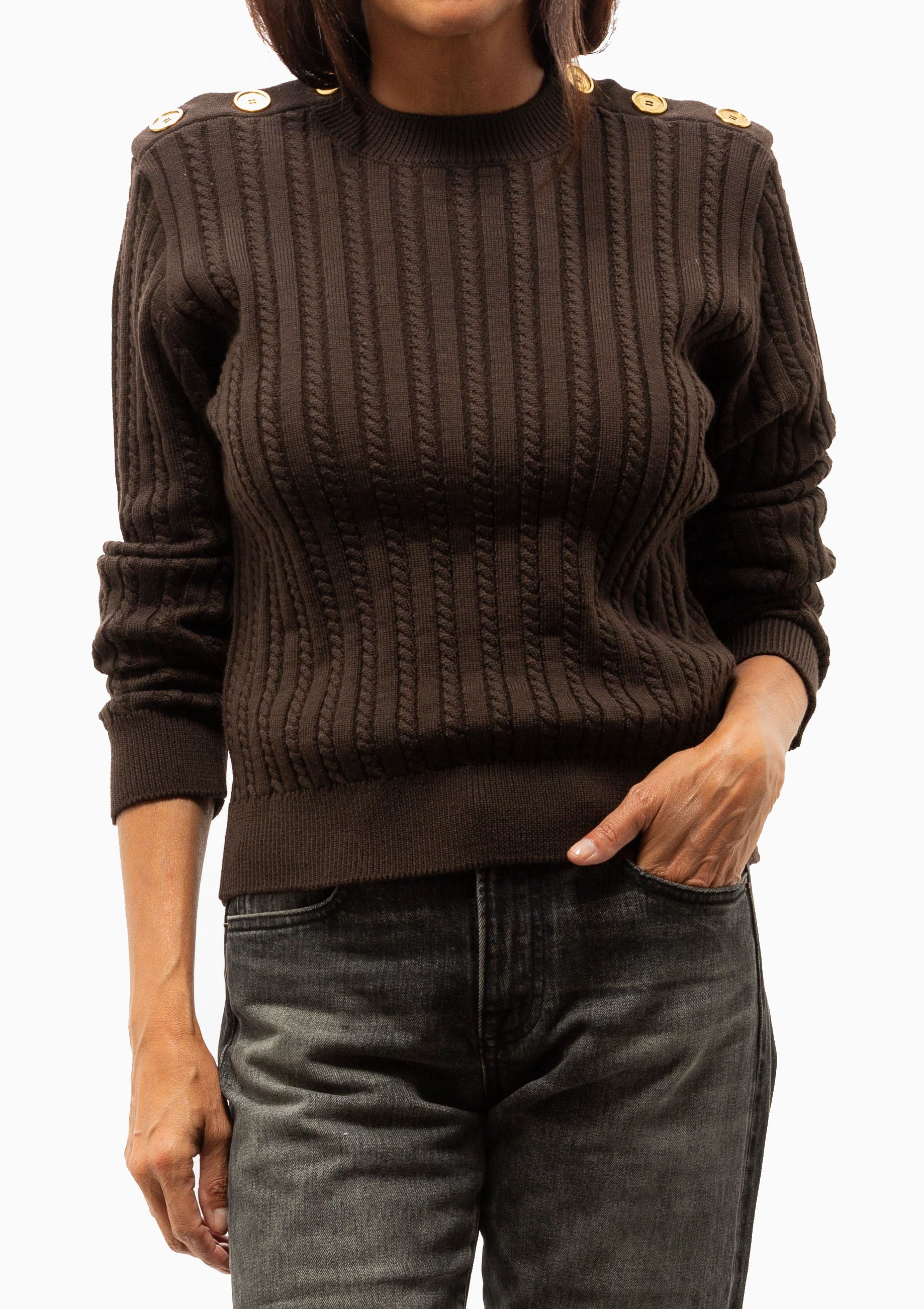 Crewneck Sweater With Gold Buttons | Brown