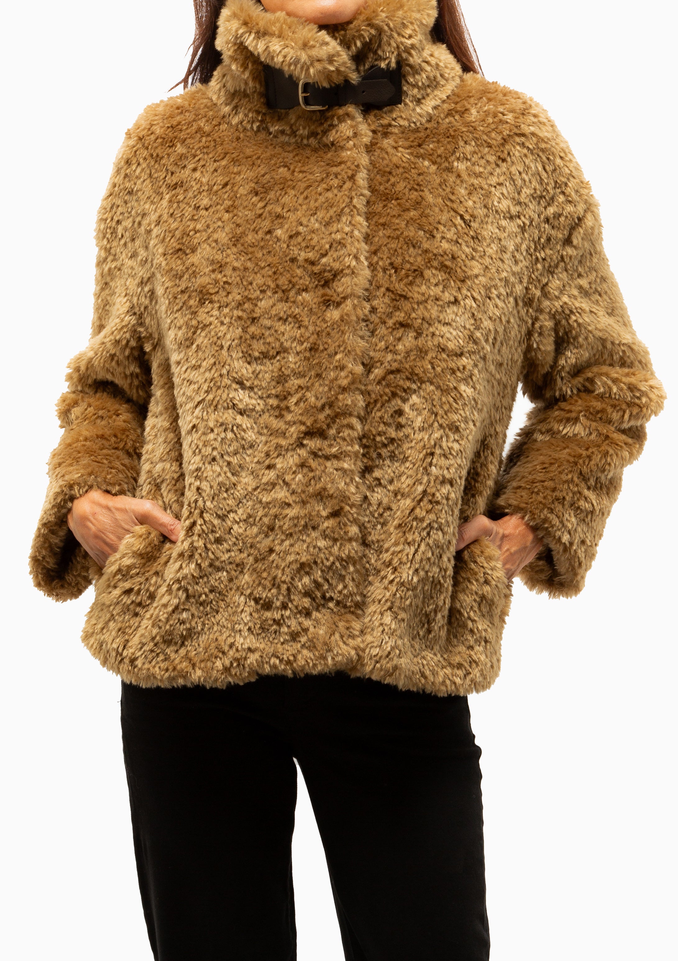 Curly Faux Fur Jacket With High Collar | Sand