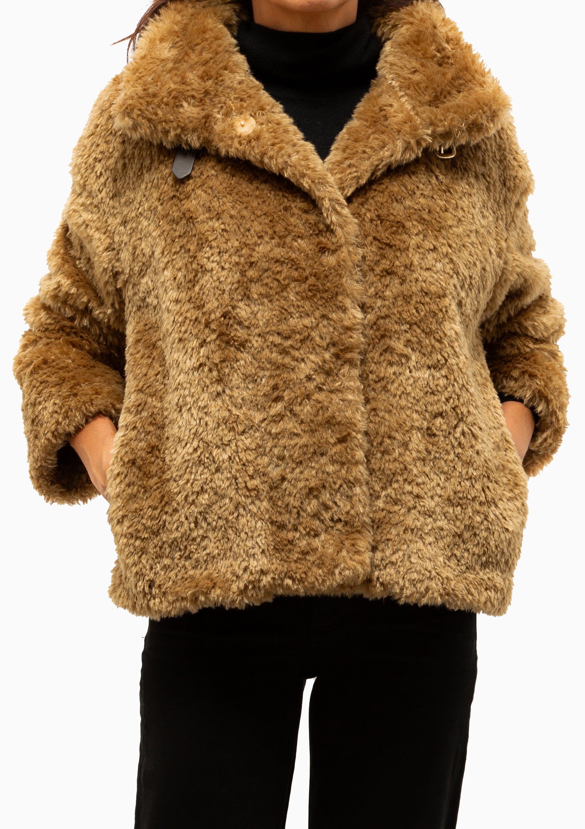 Curly Faux Fur Jacket With High Collar | Sand