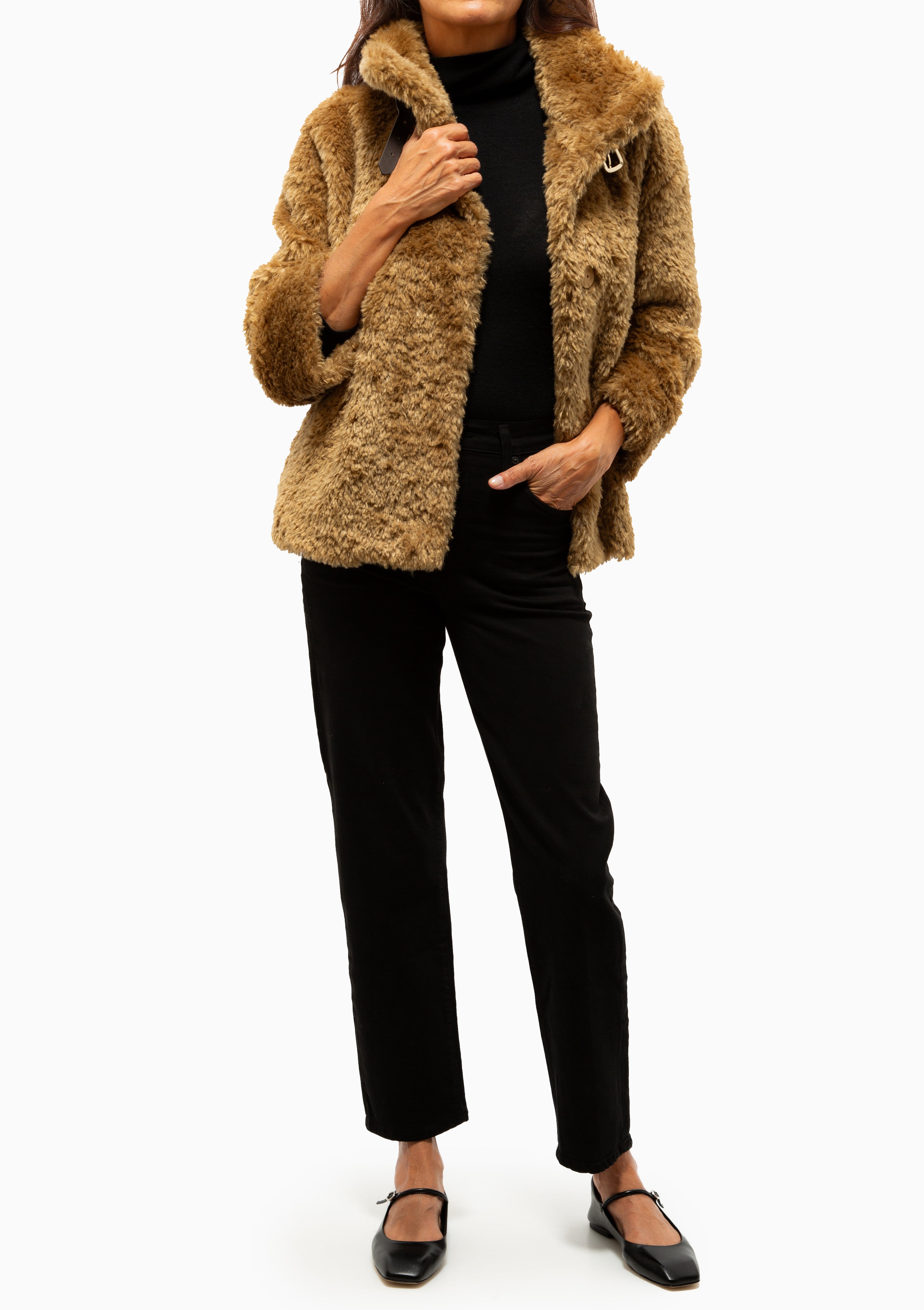Curly Faux Fur Jacket With High Collar | Sand