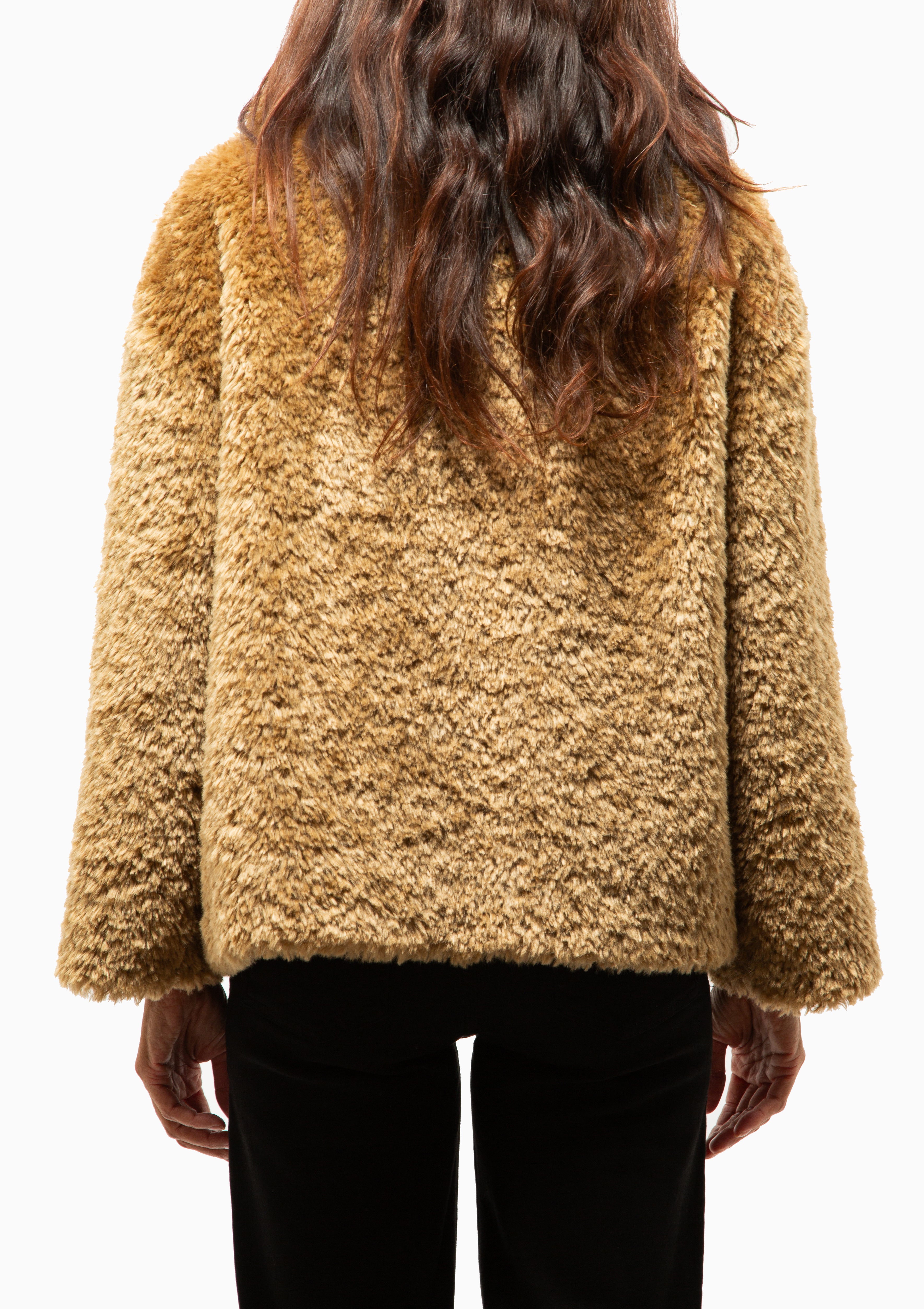 Curly Faux Fur Jacket With High Collar | Sand