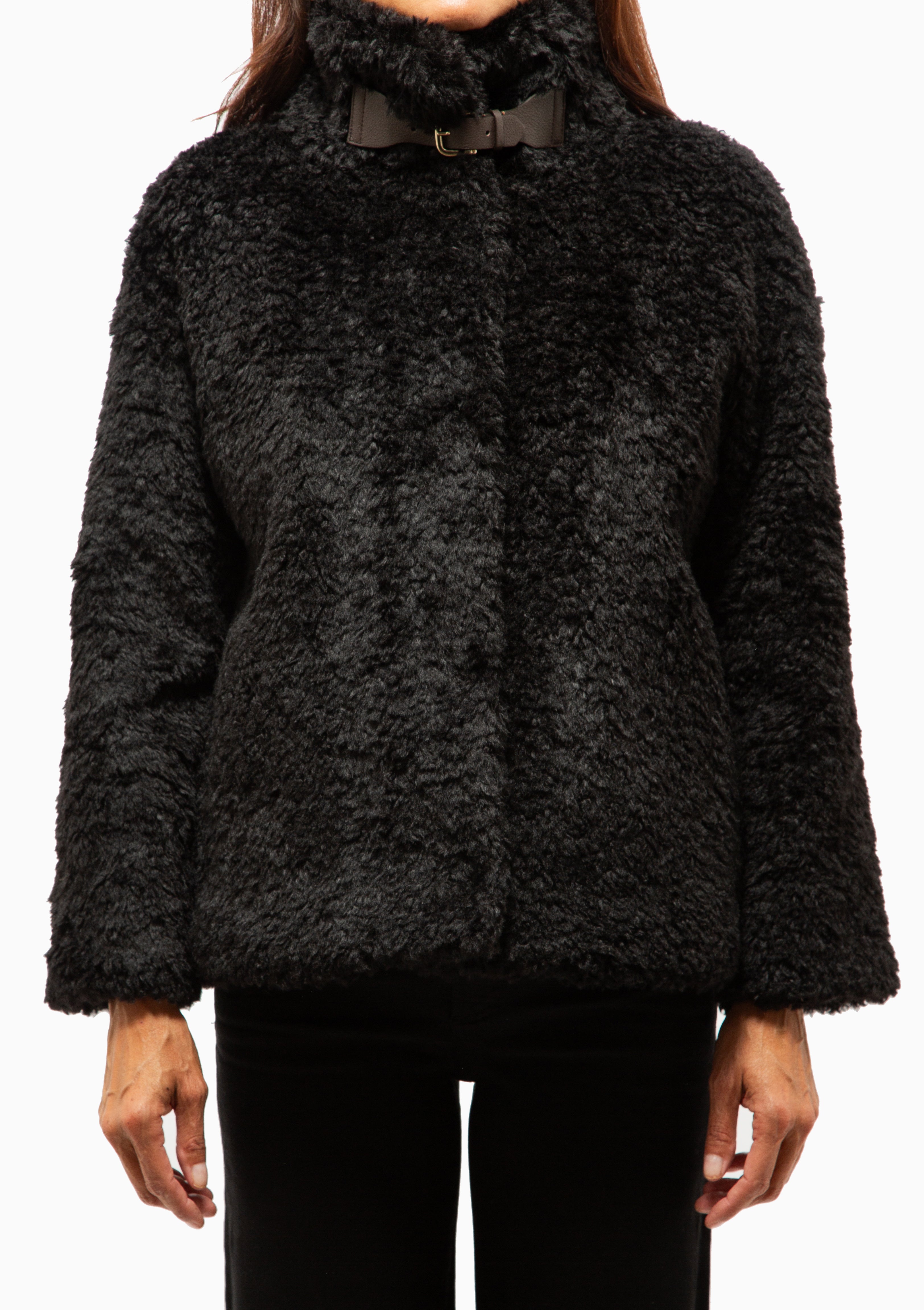 Curly Faux Fur Jacket With High Collar | Black