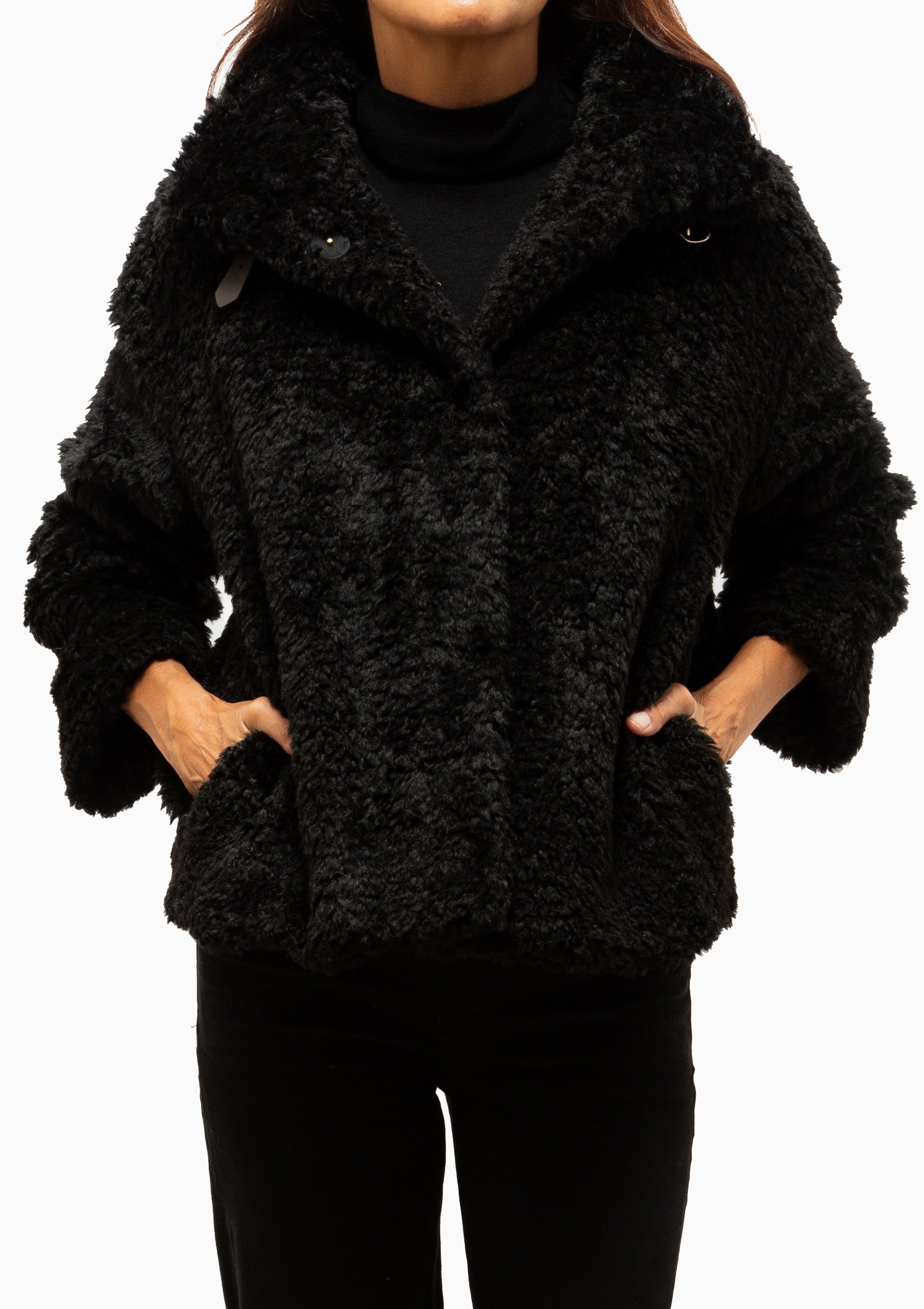 Curly Faux Fur Jacket With High Collar | Black