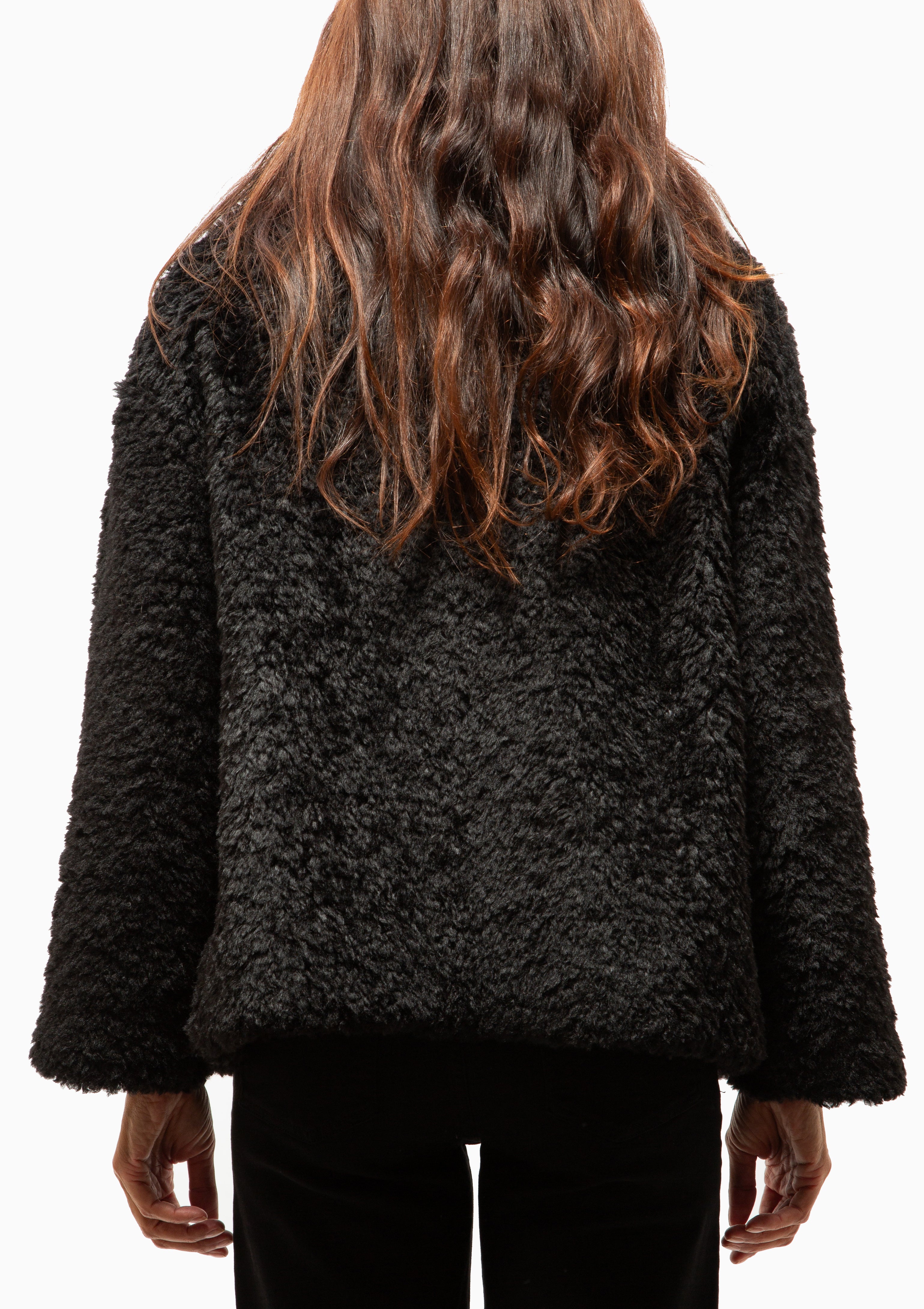 Curly Faux Fur Jacket With High Collar | Black