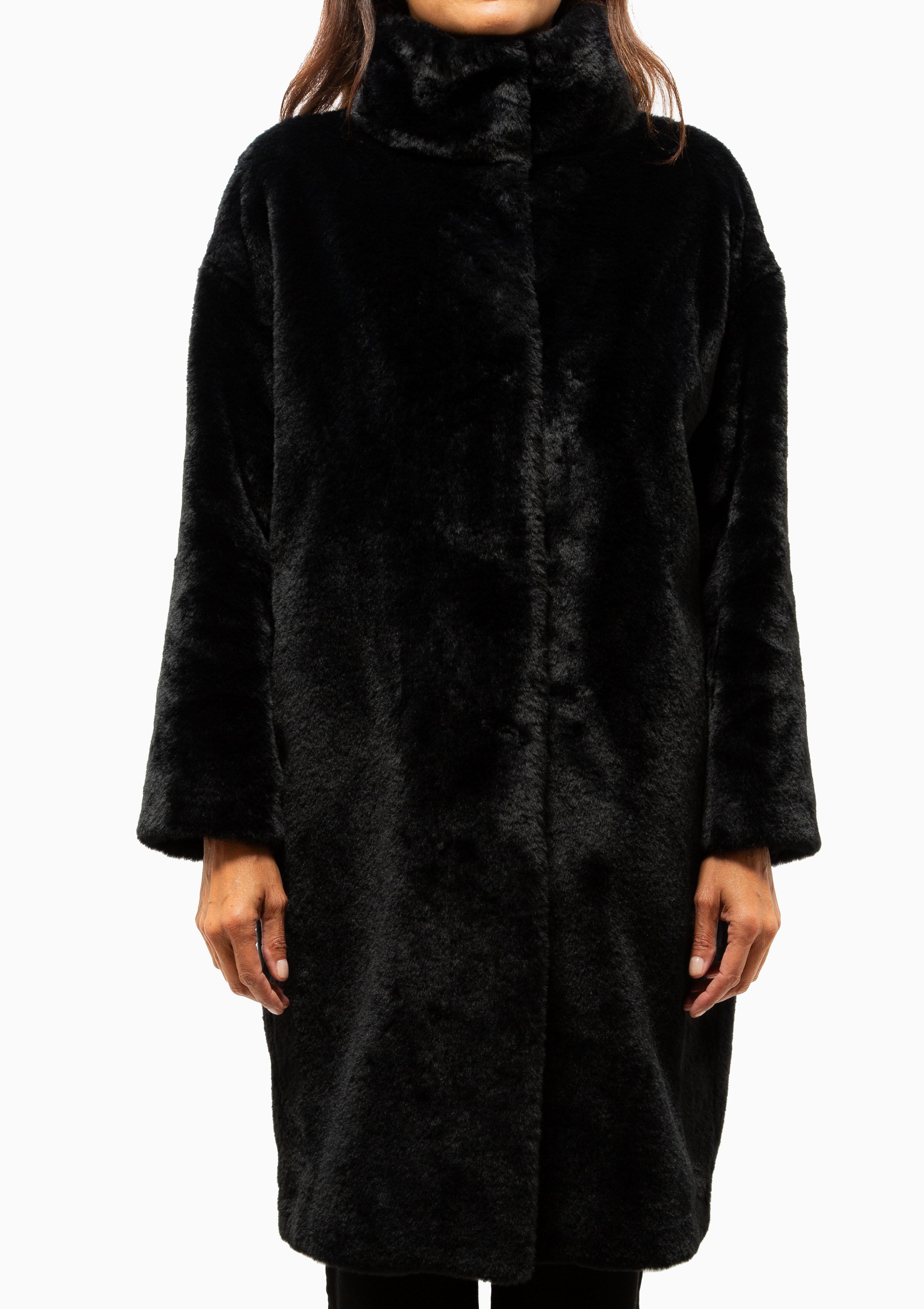 Faux Fur Stand Up Collar Coat | Black
