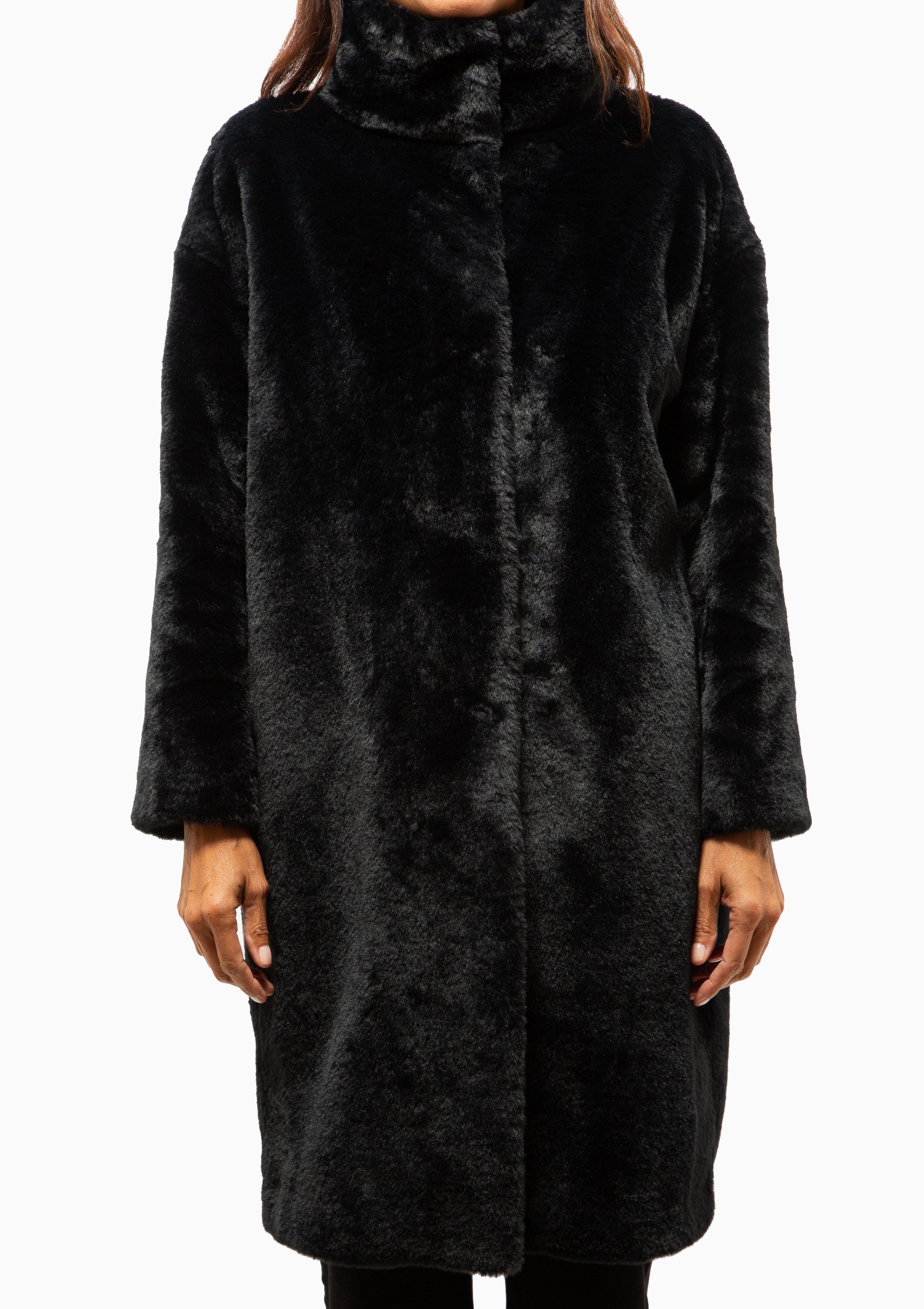 Faux Fur Stand Up Collar Coat | Black