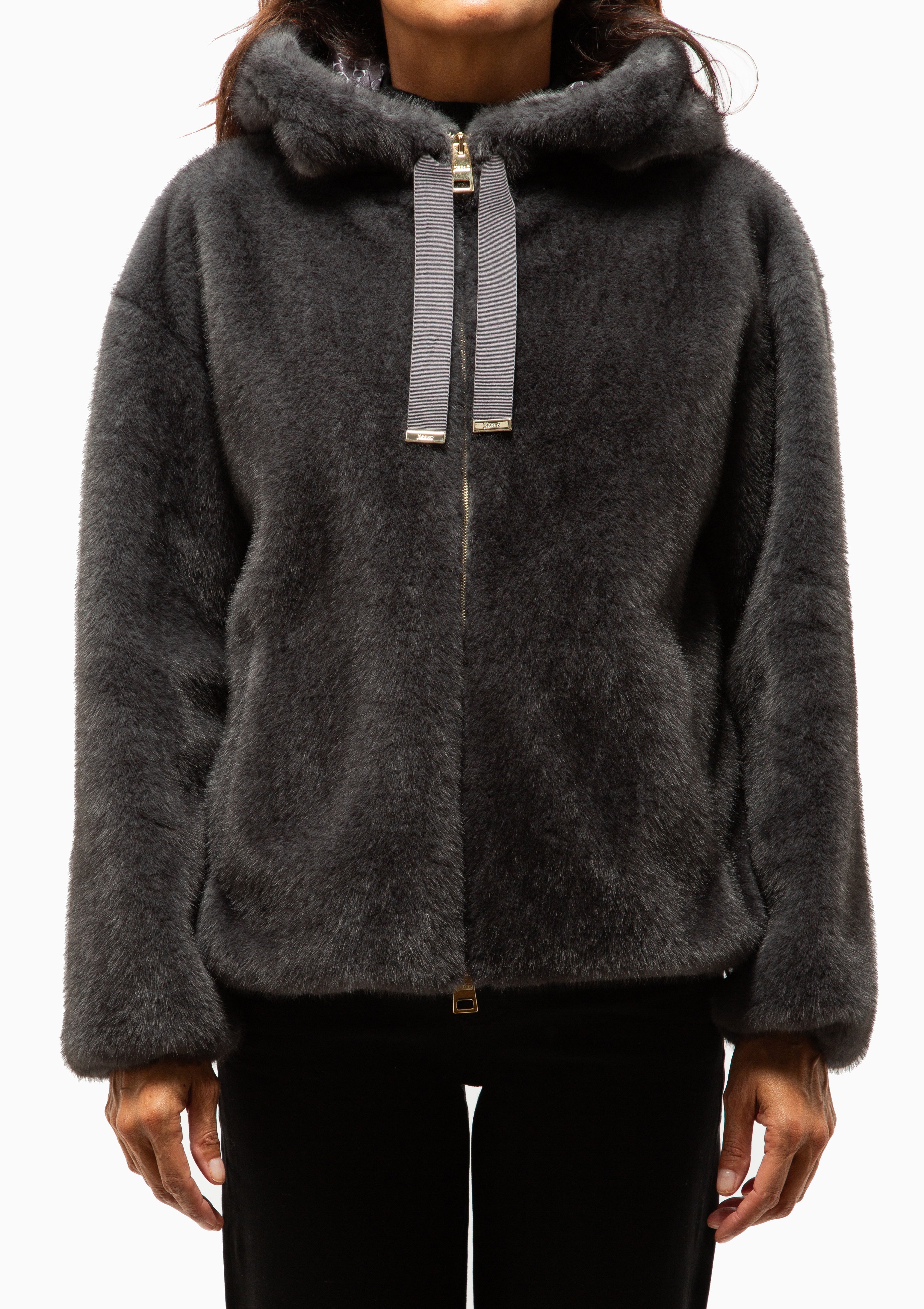 Melange Faux Fur Blouson Jacket With Hood | Antracite