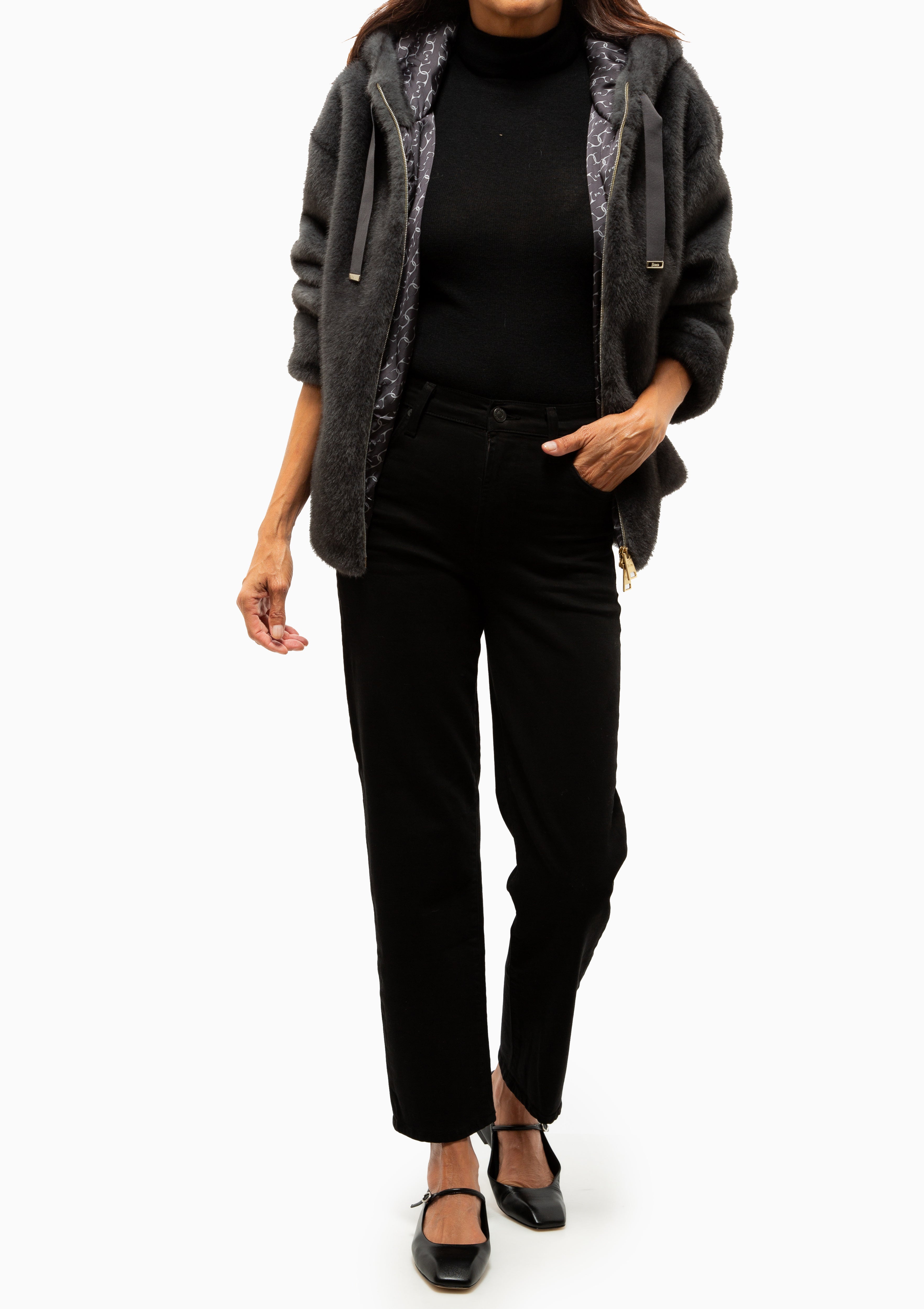 Melange Faux Fur Blouson Jacket With Hood | Antracite