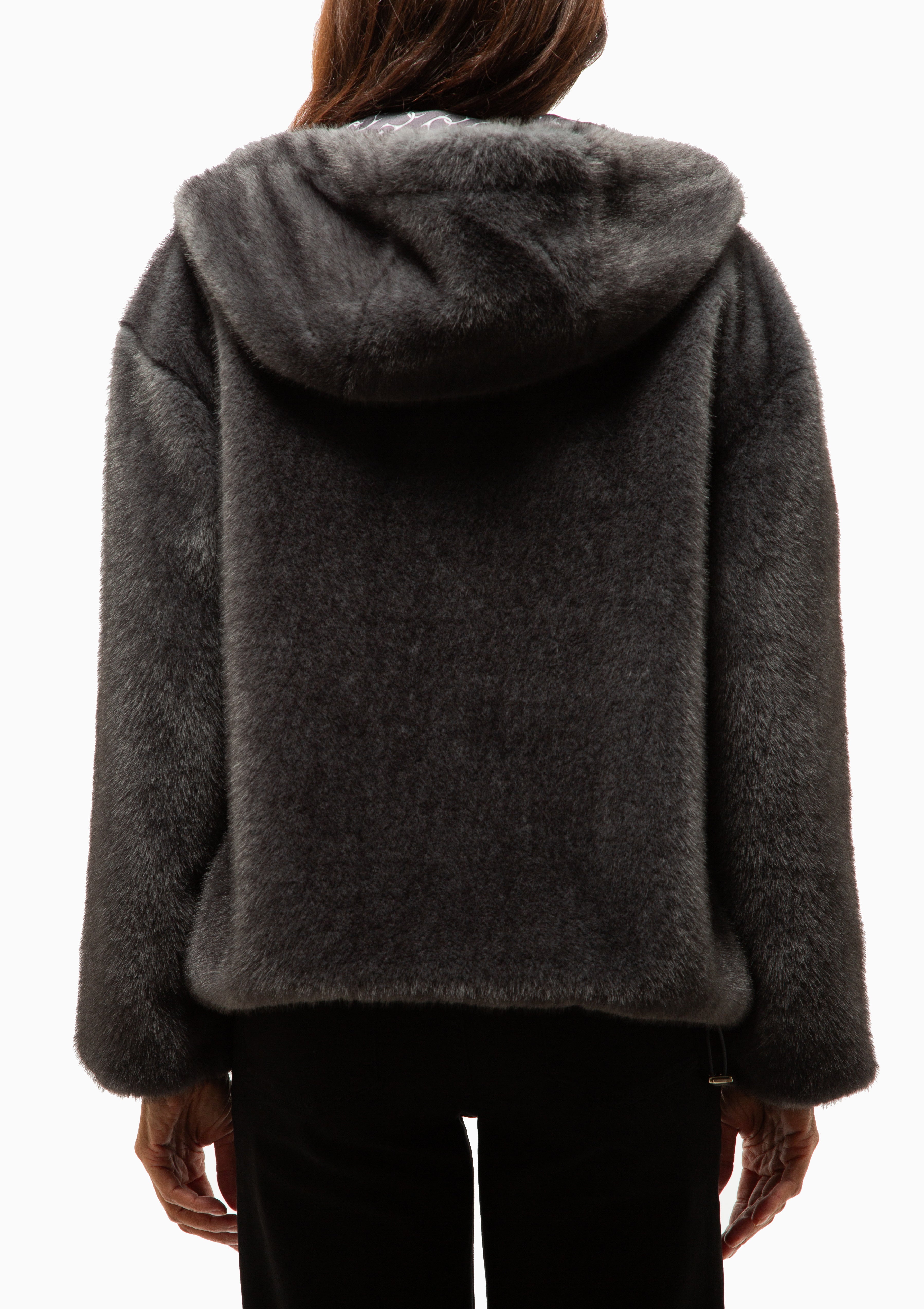 Melange Faux Fur Blouson Jacket With Hood | Antracite