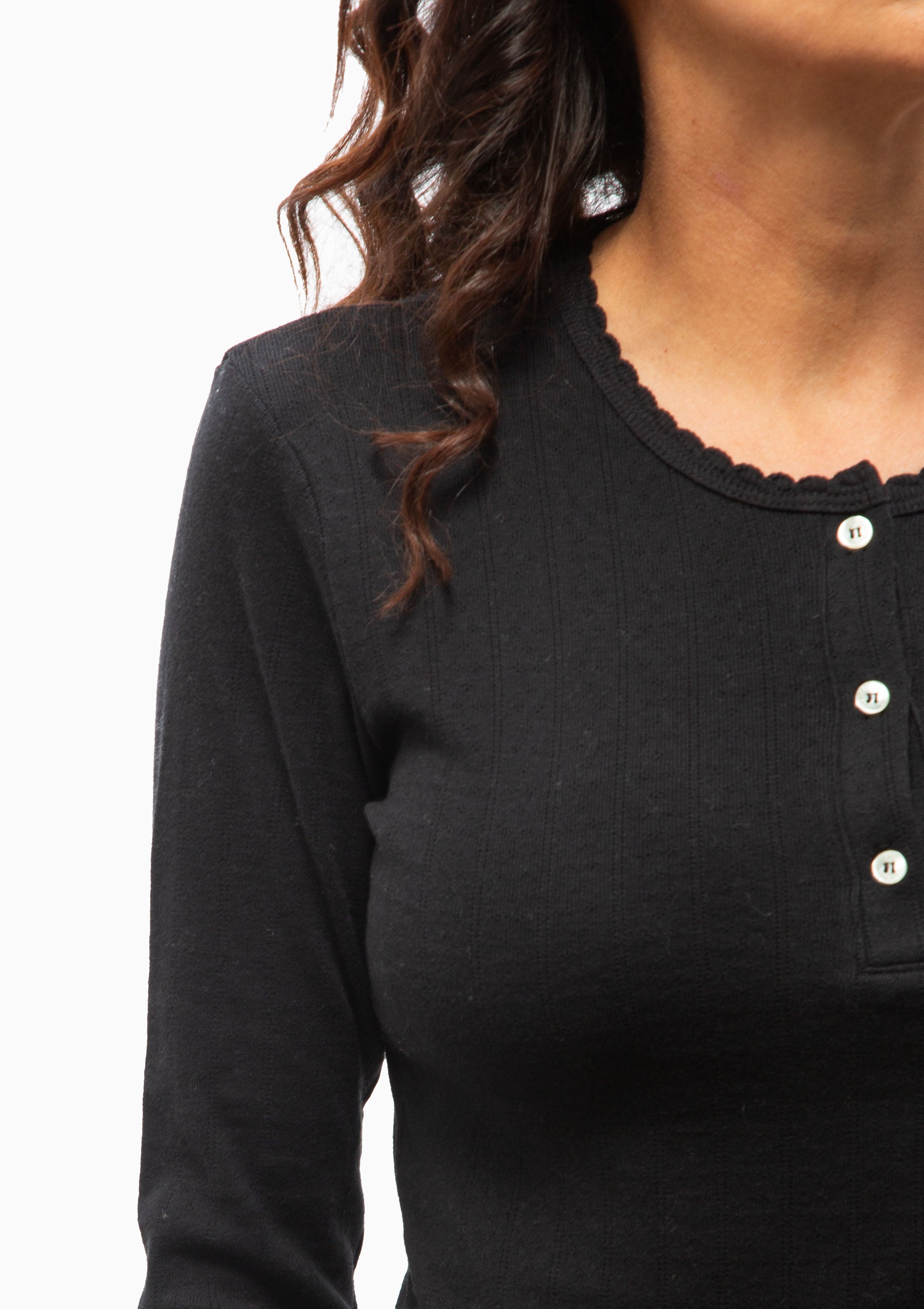 Pointelle Long Sleeve Henley | Black