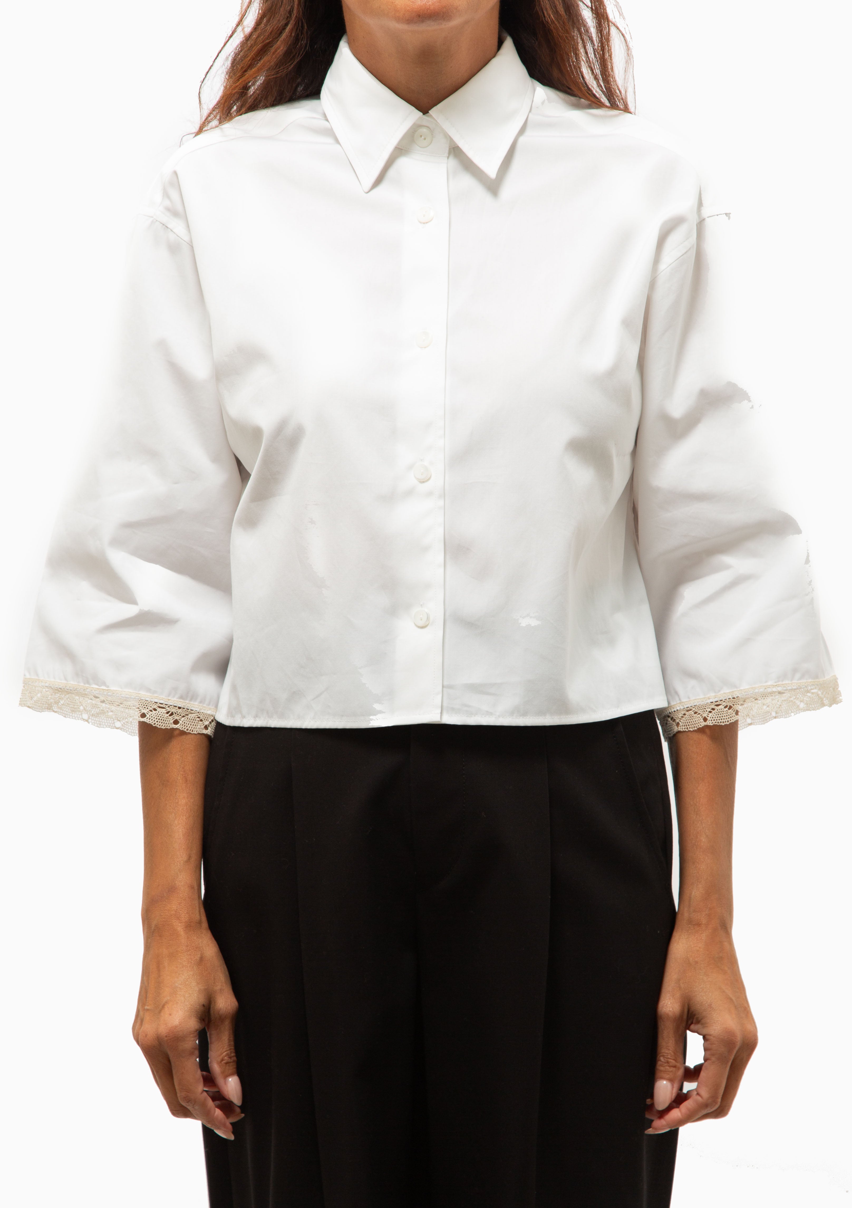 Cropped Lace Short Sleeve Shirt | White