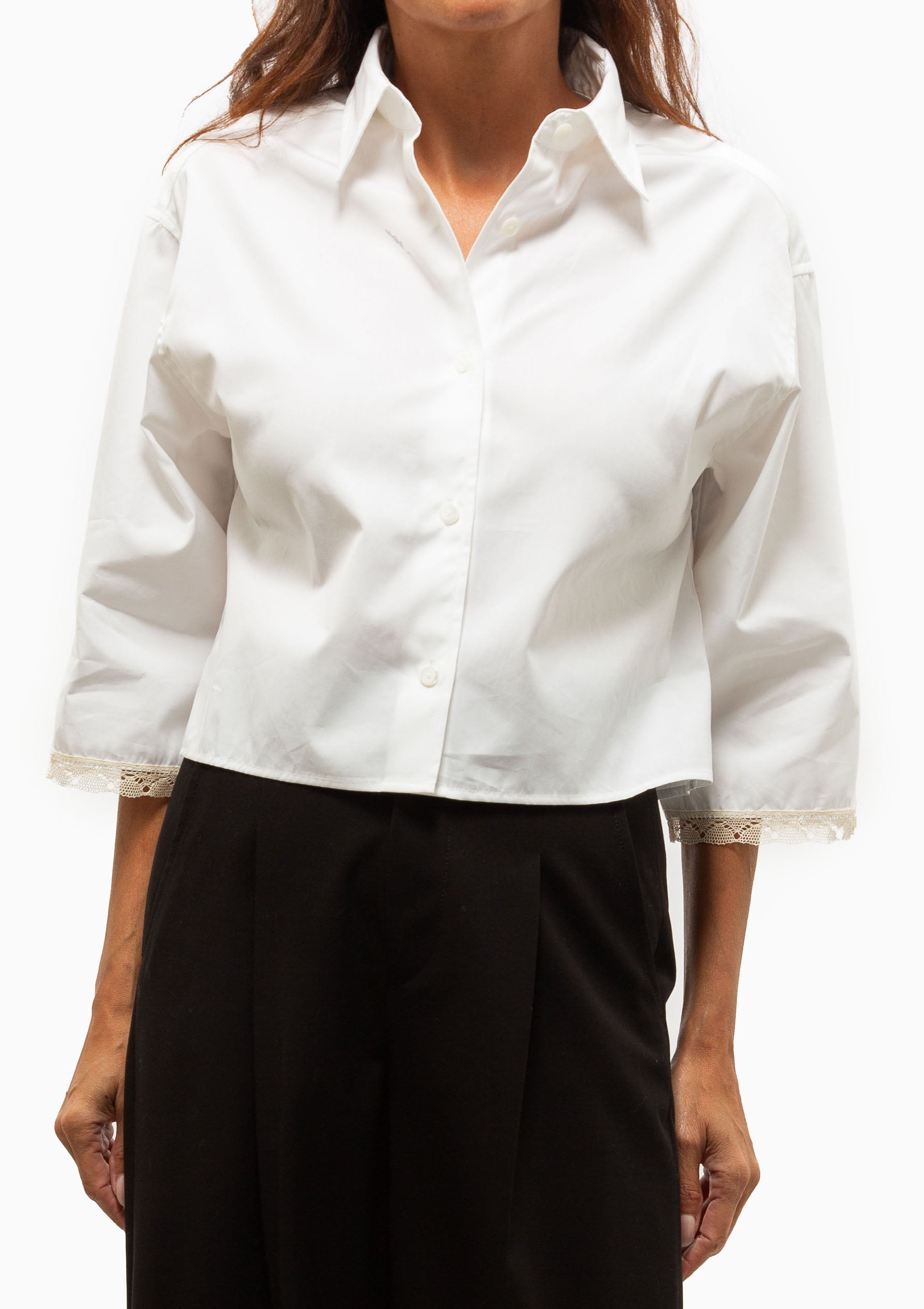 Cropped Lace Short Sleeve Shirt | White