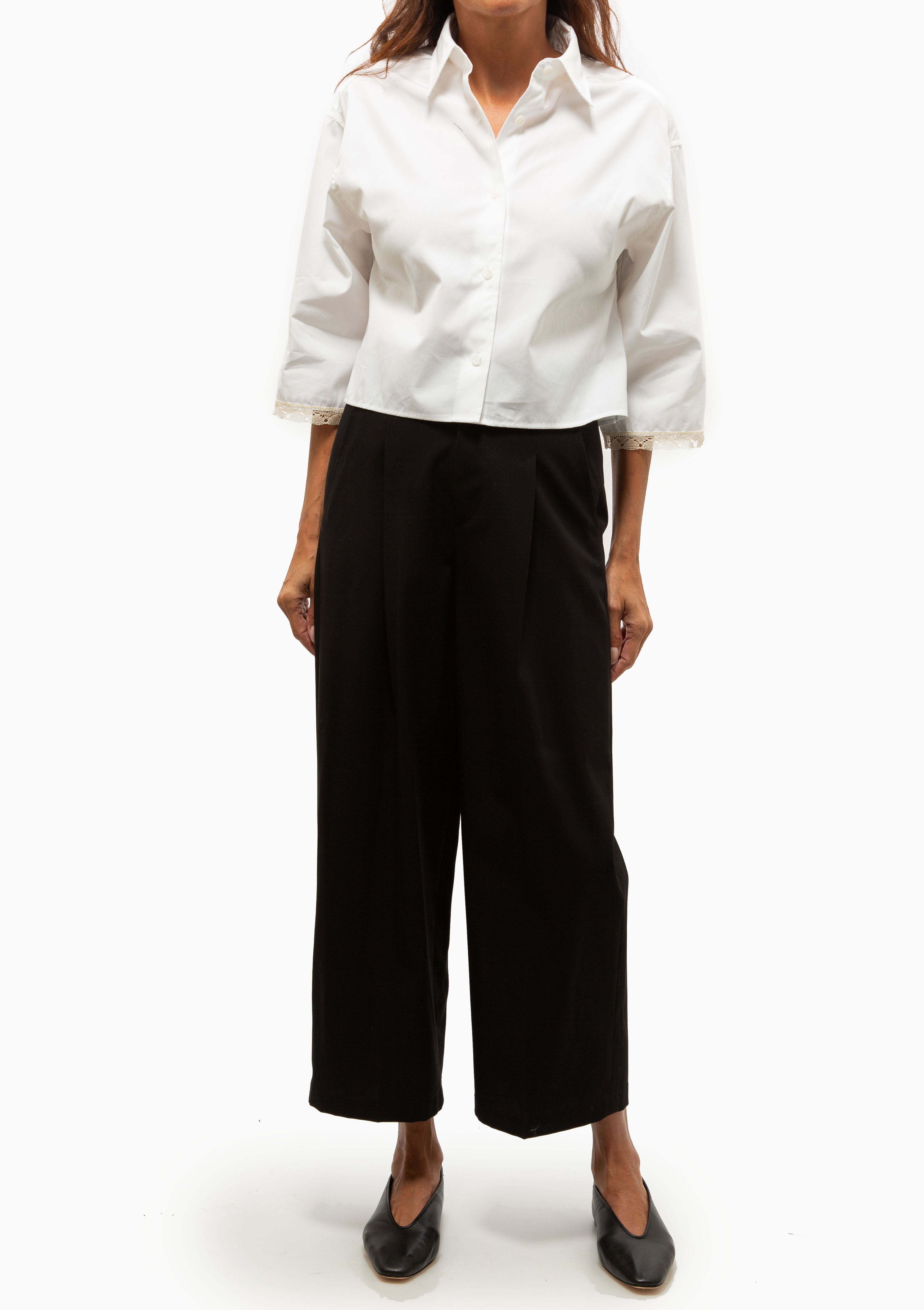 Cropped Lace Short Sleeve Shirt | White