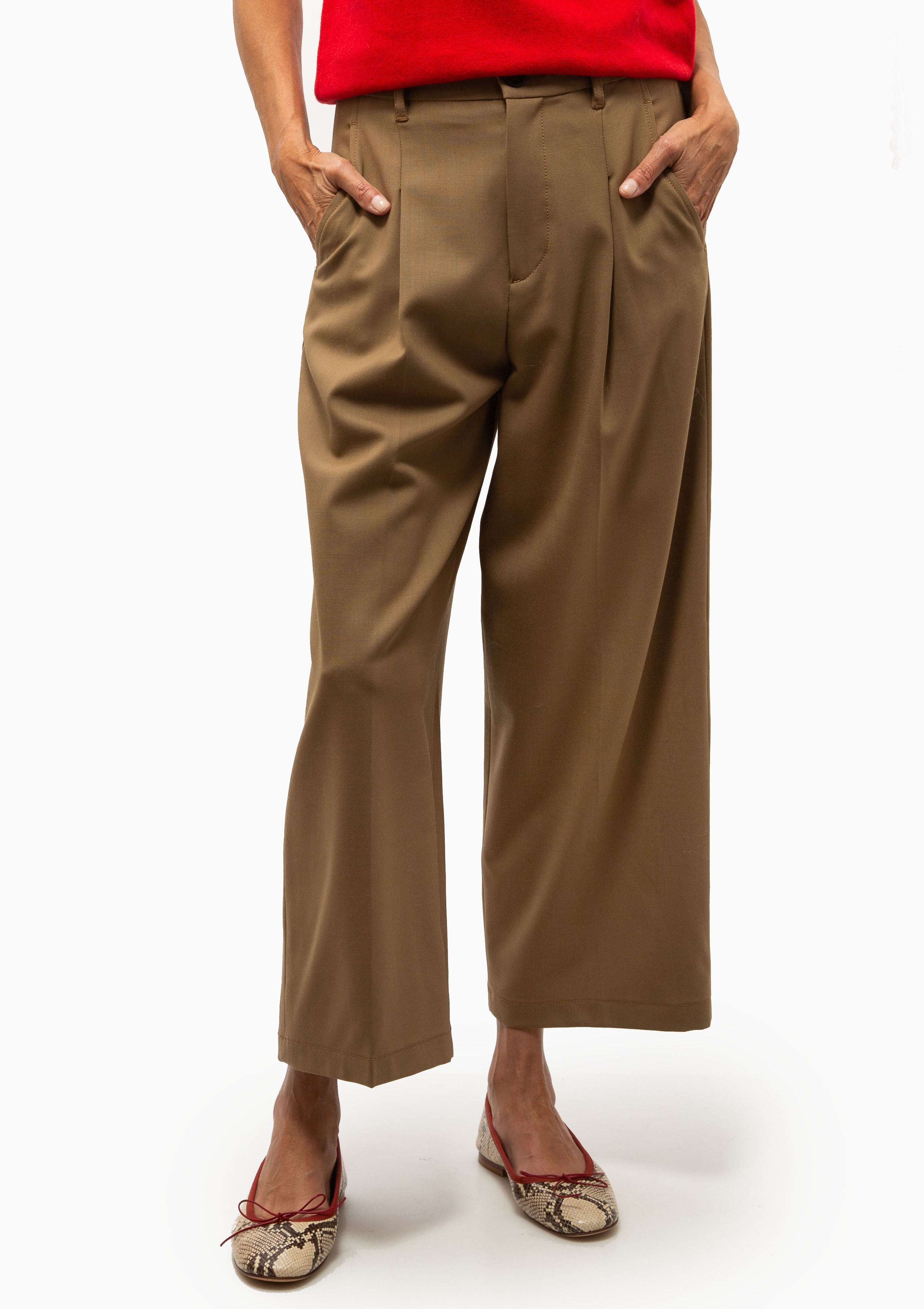 Pleat Front Crop Wide Leg | Caramel