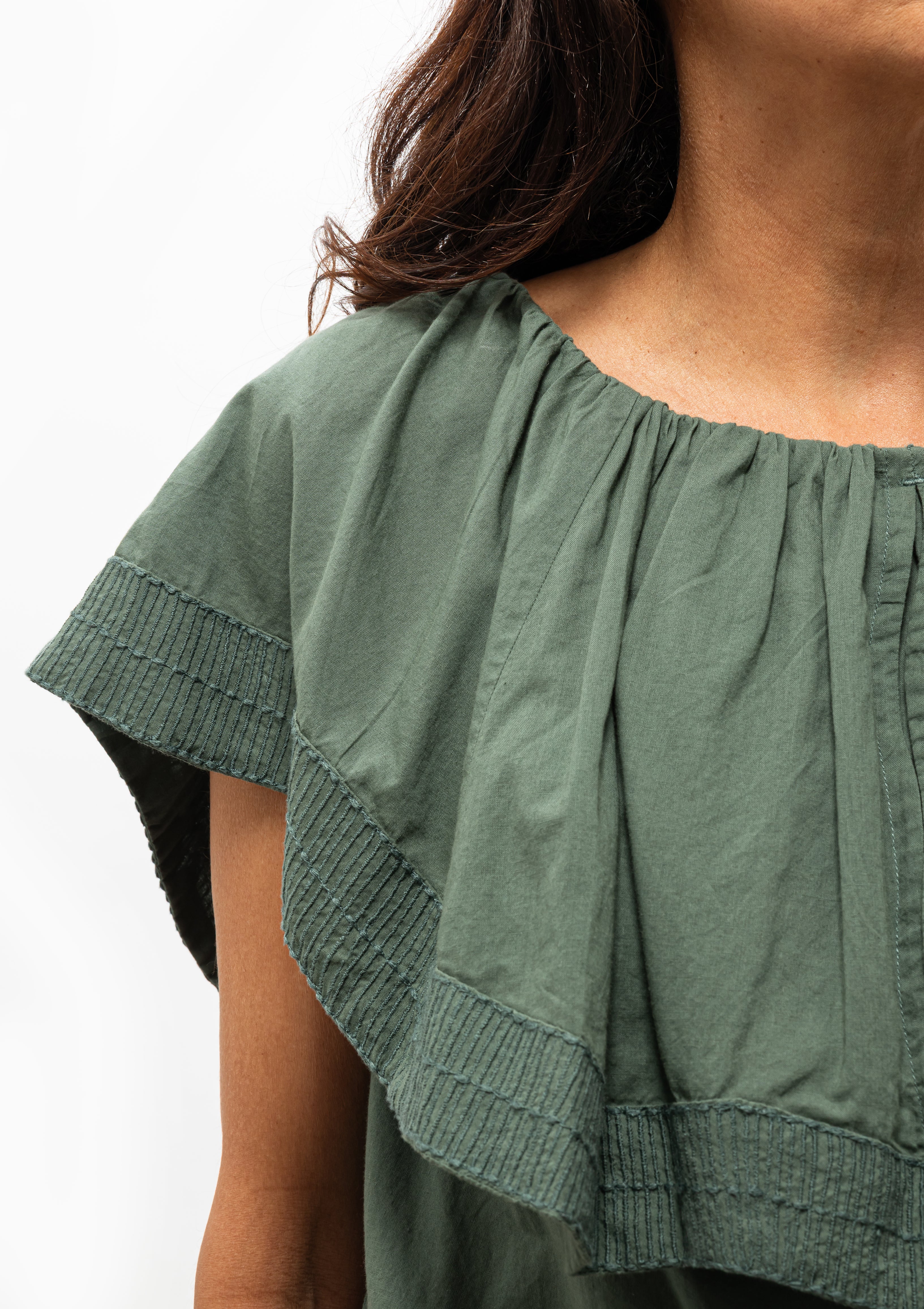 Mirth's Pondicherry Top in Verde Fossil is perfect with a Mirth Pant, jeans, or a skirt. Available at Diani Boutique.