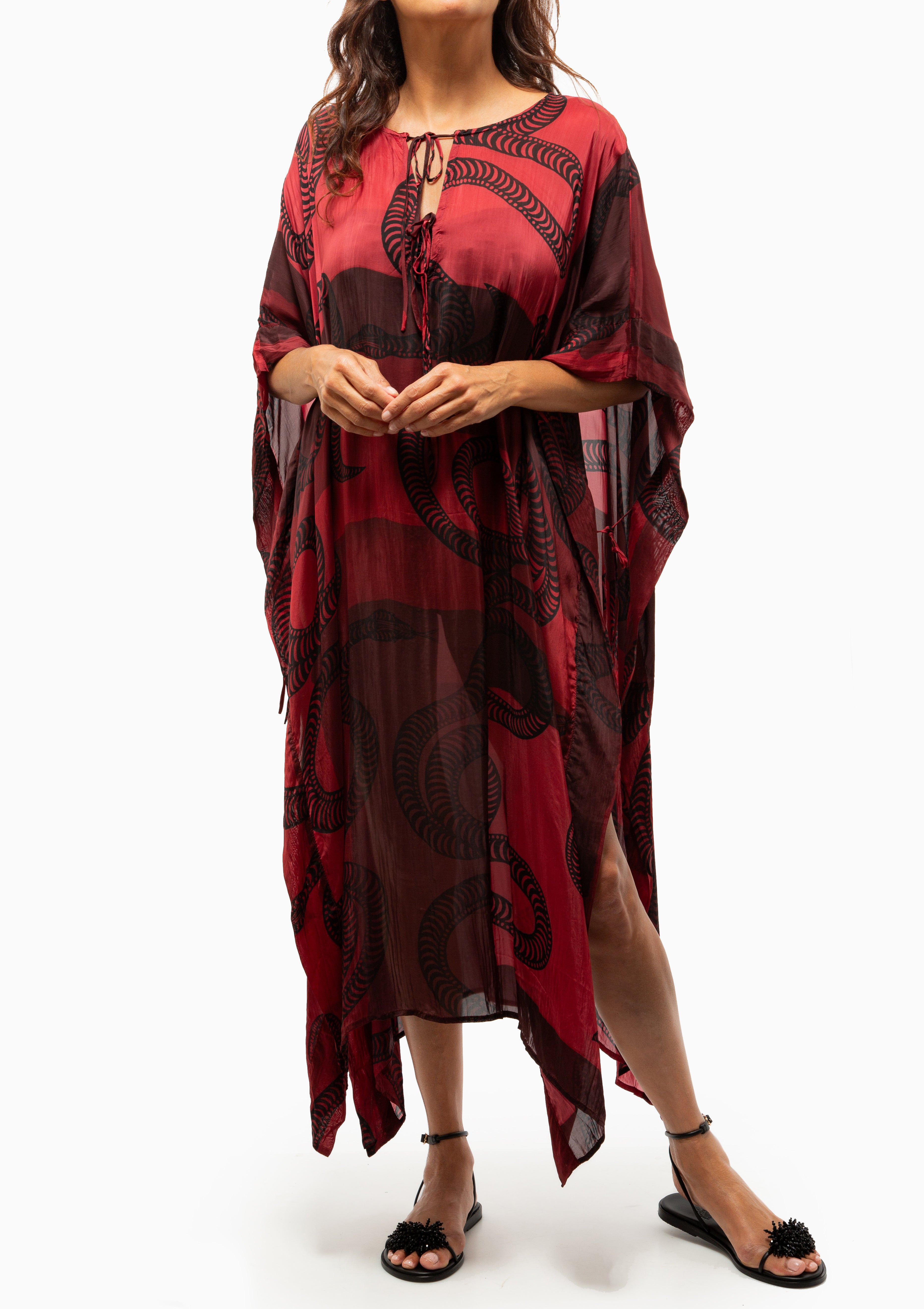 Natalie Martin Paulina Kaftan in Ament Snake Oxblood. Available at DIANI Boutique