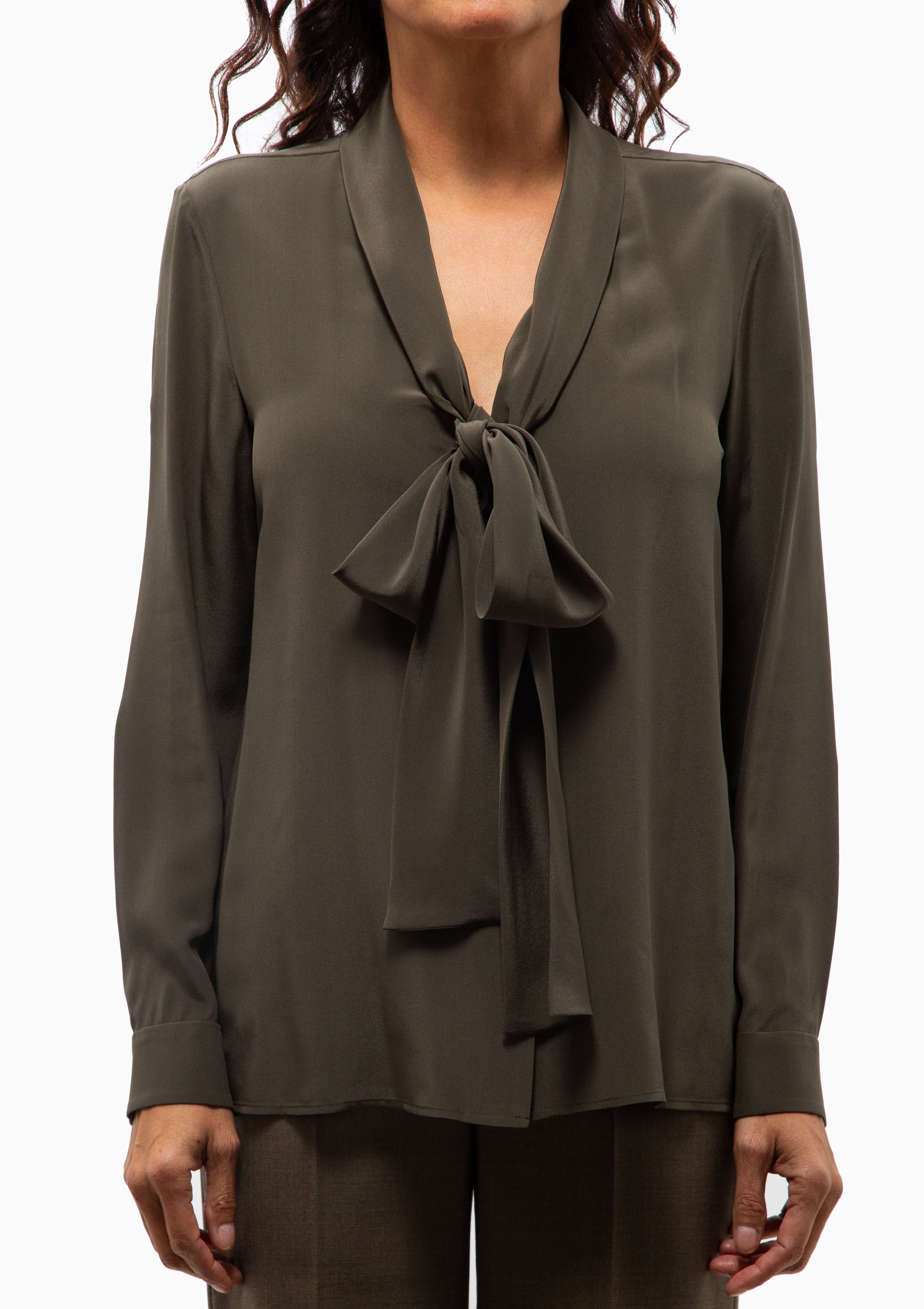 Nili Lotan Angelique Tie Neck Blouse in Loden. Available at Diani.