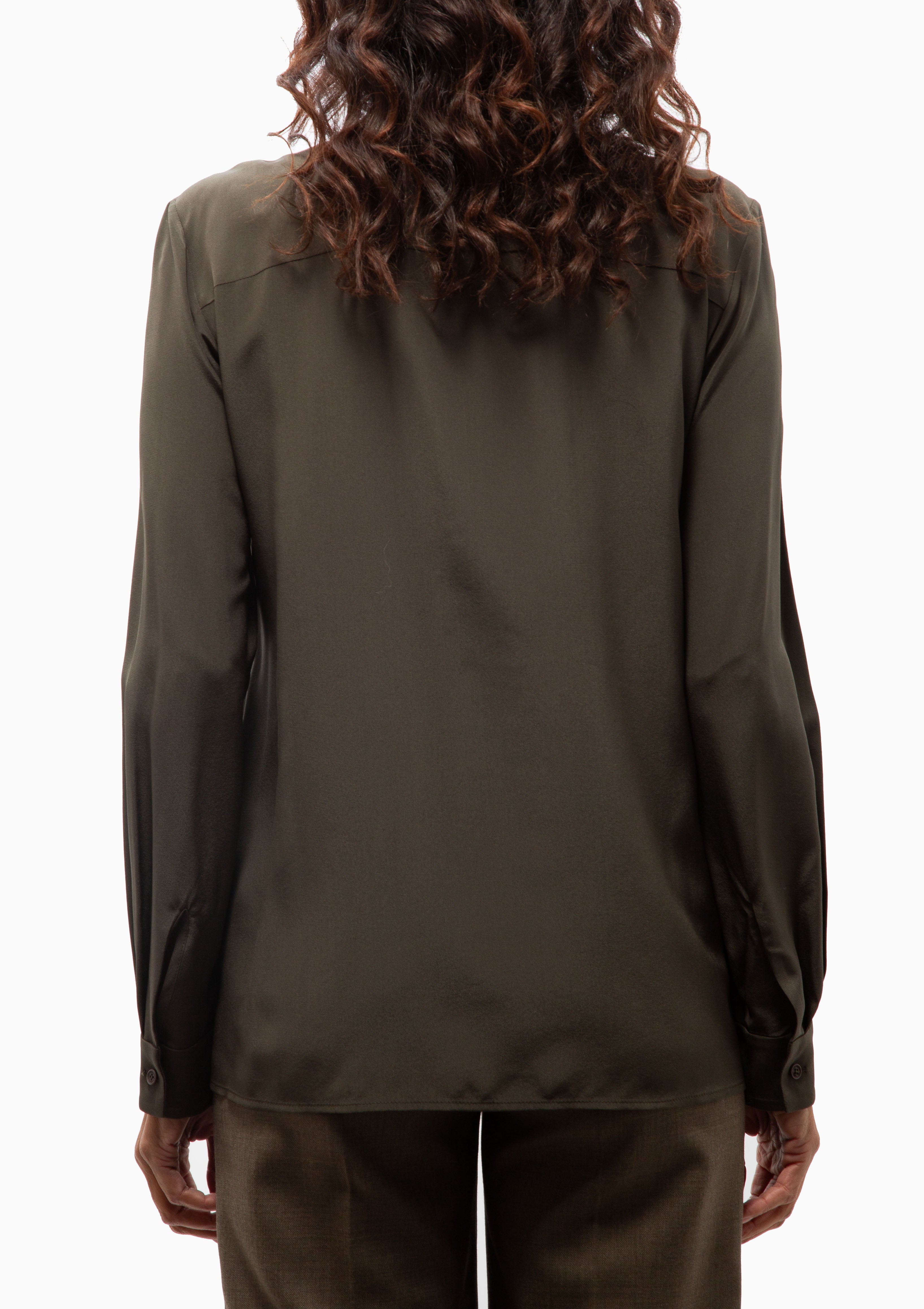 Back view of the Nili Lotan Angelique Tie Neck Blouse in Loden. Available at Diani.