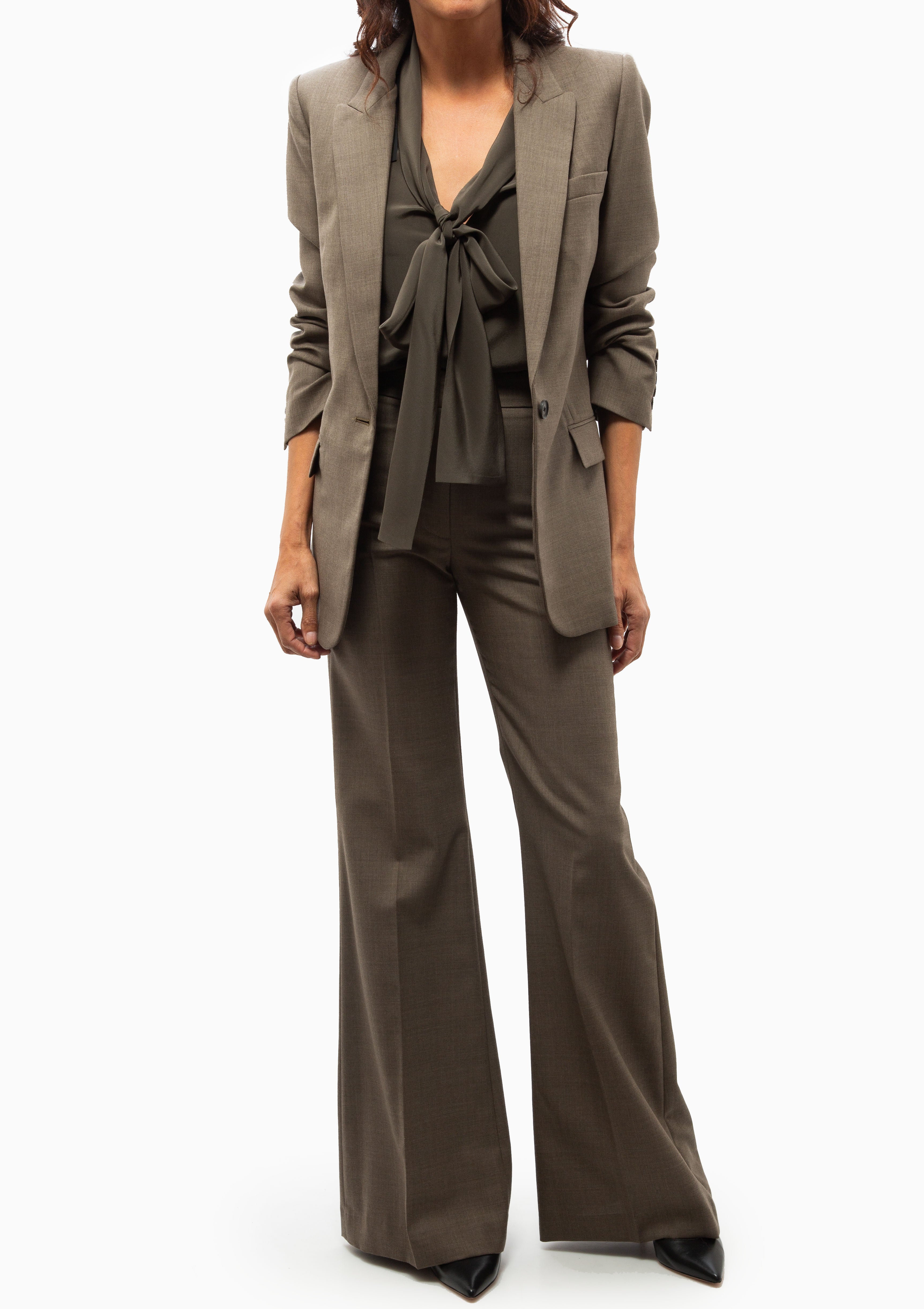 Nili Lotan Diane Blazer in Brown Plaid. Shown with the  Angelique Tie Neck Blouse in Loden. Available at Diani.