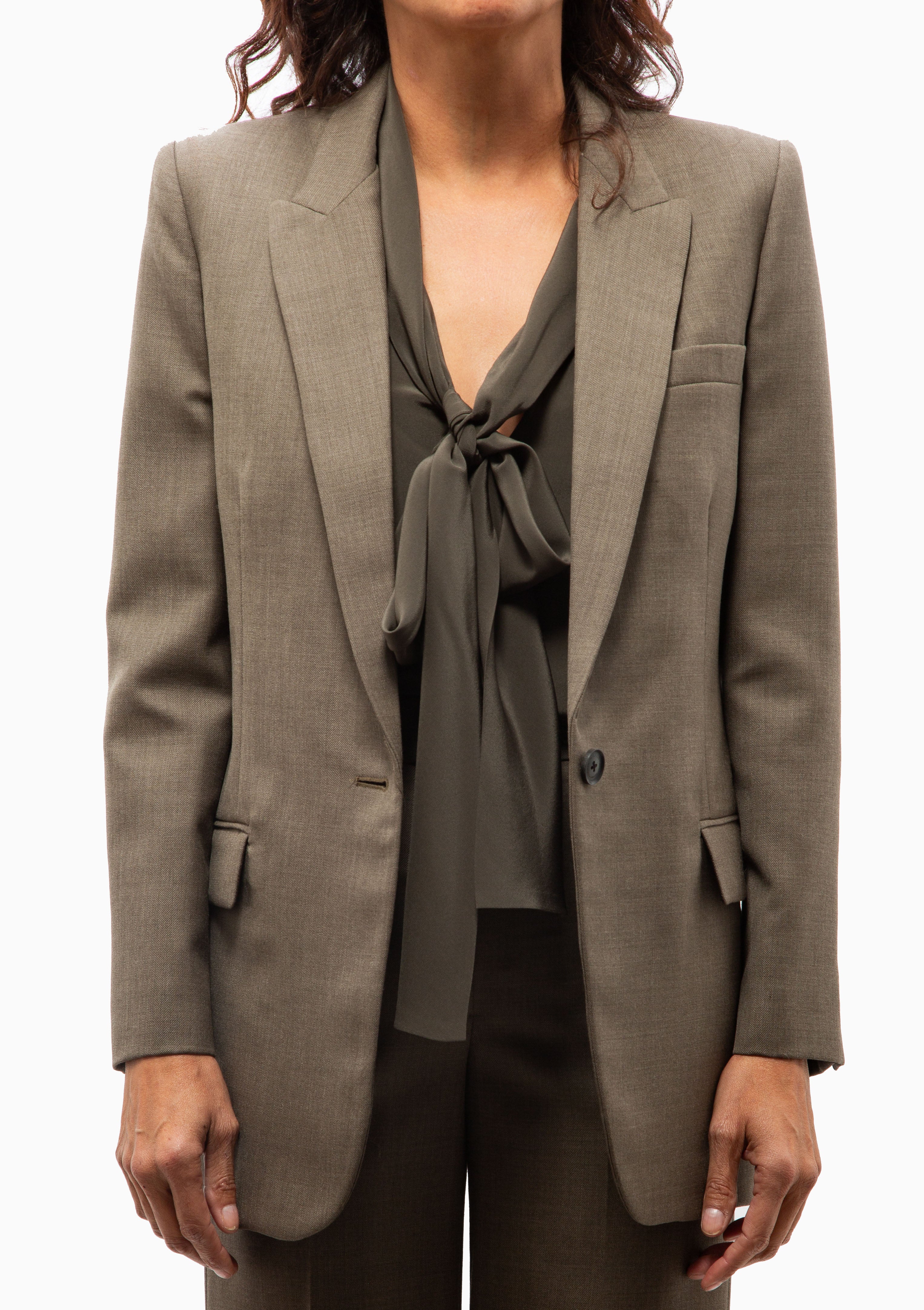 Nili Lotan Diane Blazer in Brown Plaid. Shown with the  Angelique Tie Neck Blouse in Loden. Available at Diani.
