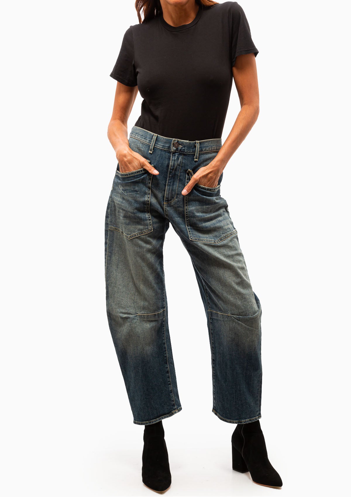 Nili Lotan Mariela Crewneck Tee in black. Shown with the Shon Jean in classic wash. Available at Diani