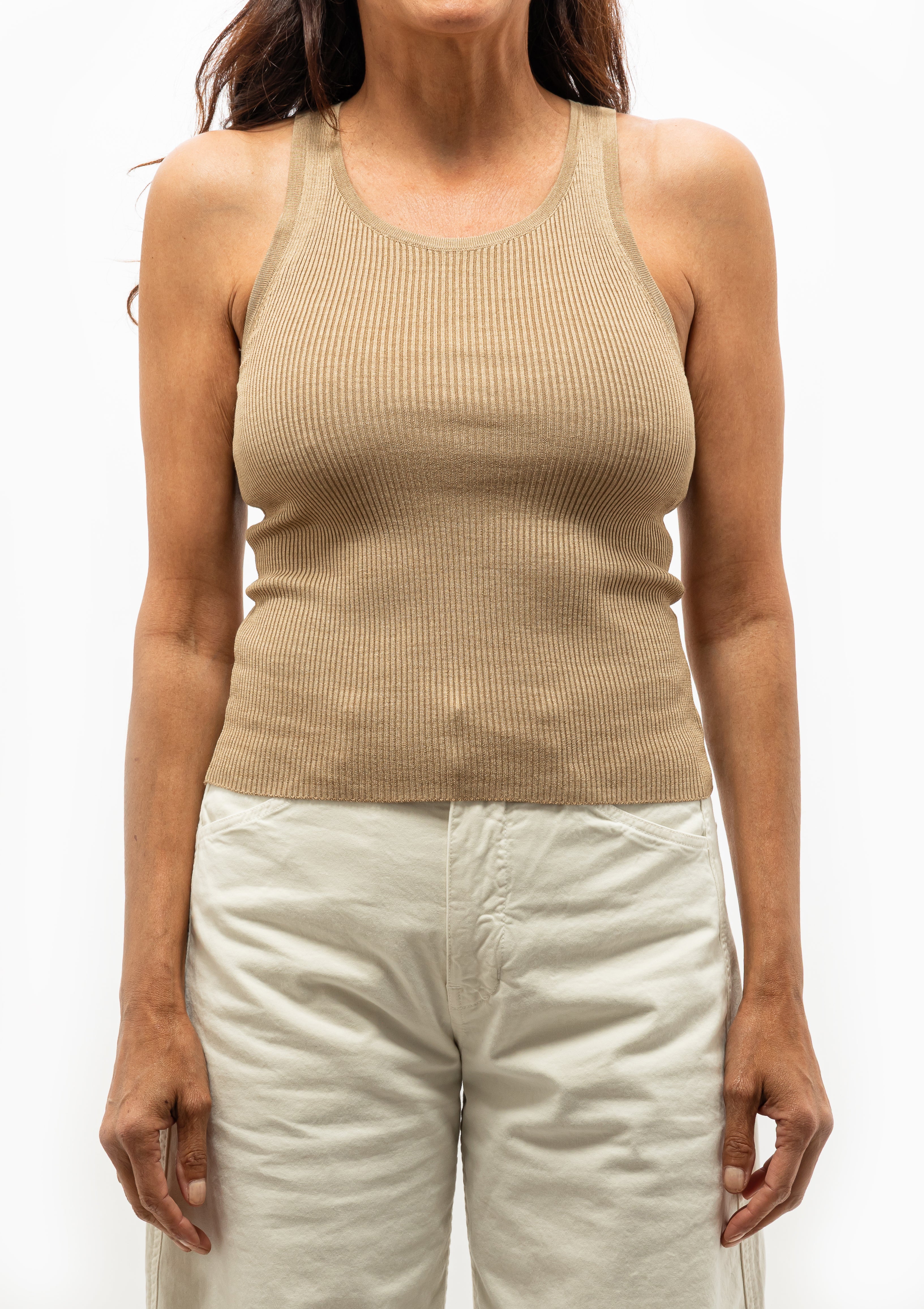 Lottie Tank. Sleeveless fitted tank in camel by Nili Lotan, featuring a racerback silhouette. Available at Diani Boutique.