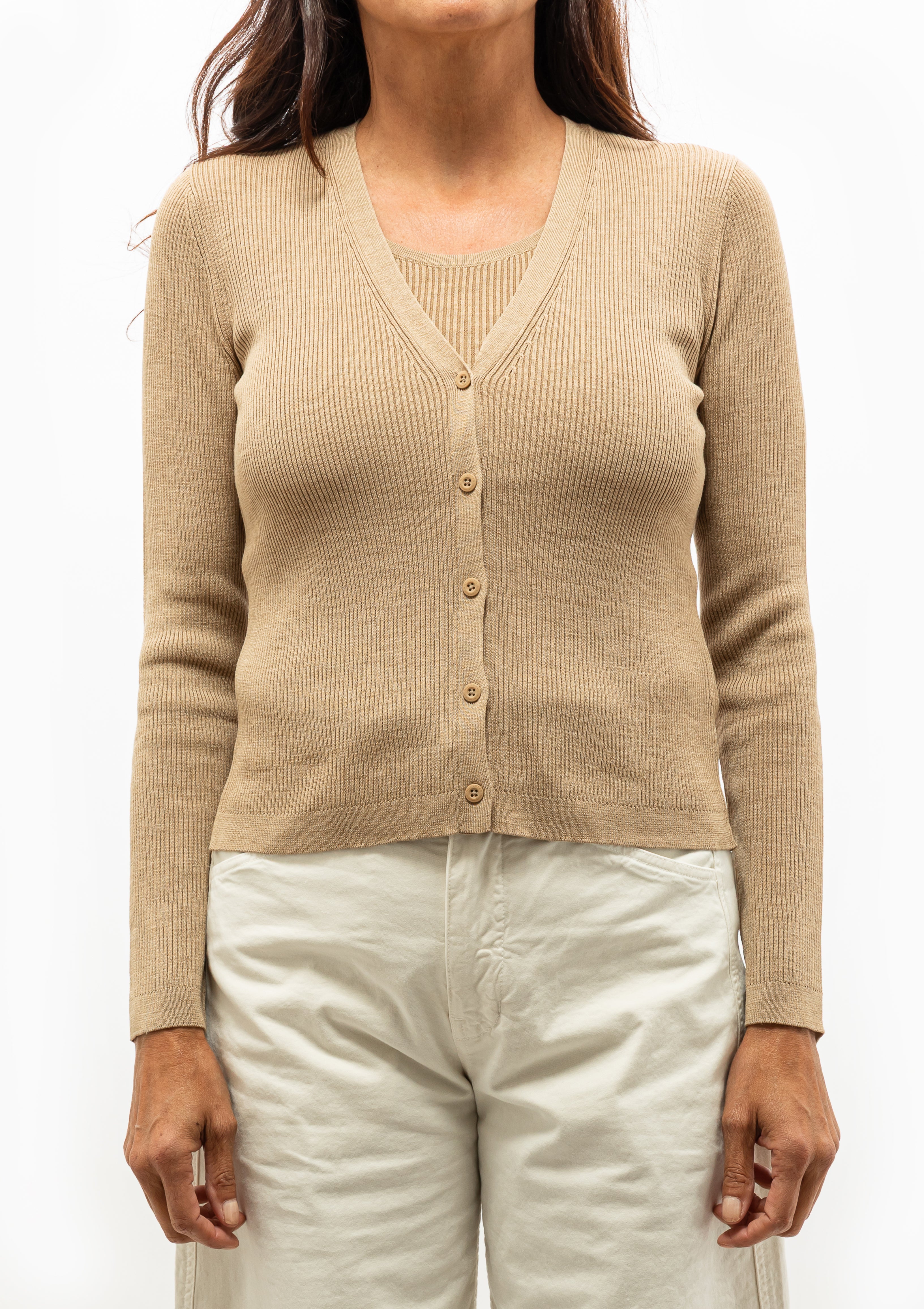 Lightweight silk cardigan featuring ribbed placket and natural stretch, worn with the Nili Lotan Lottie Tank and Tribeca Pant in Stone from Diani Boutique.