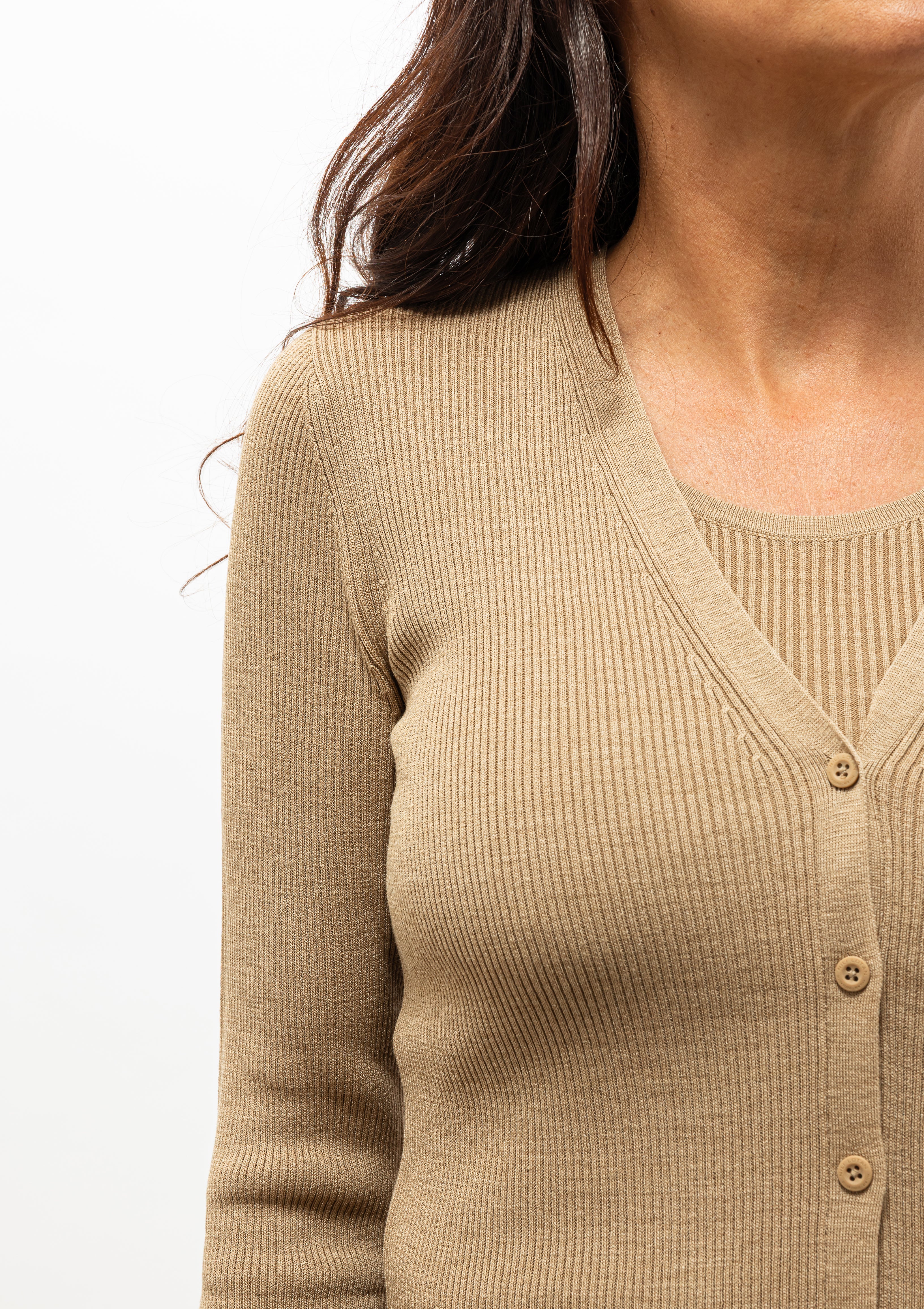 Diani Boutique look: silk rib Nili Lotan Nari cardigan with fully fashioned armhole and shoulder. Shown with the Lottie Tank.