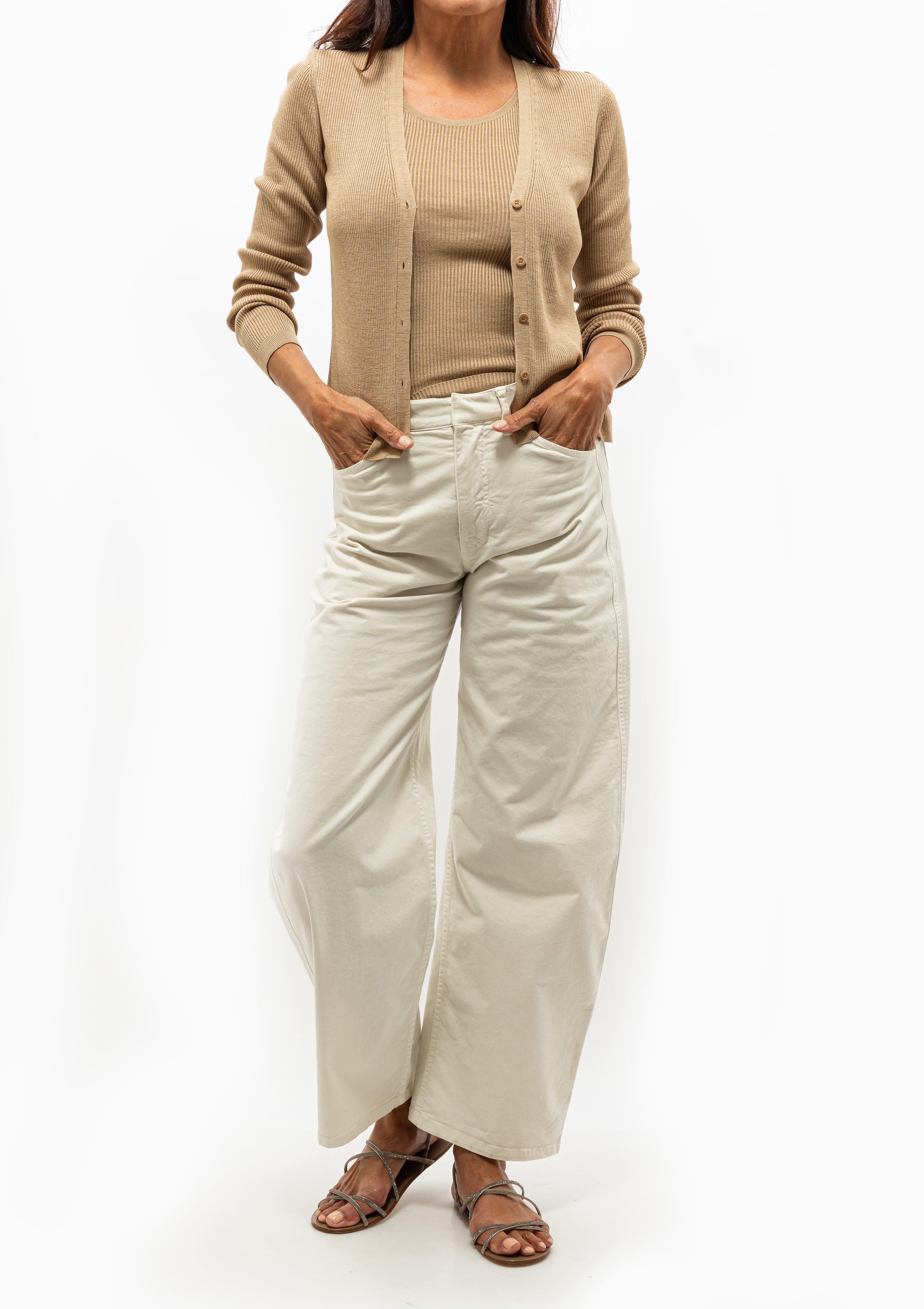100% silk ribbed Nari cardigan styled with stone-colored Tribeca Pants, available now at Diani Boutique.