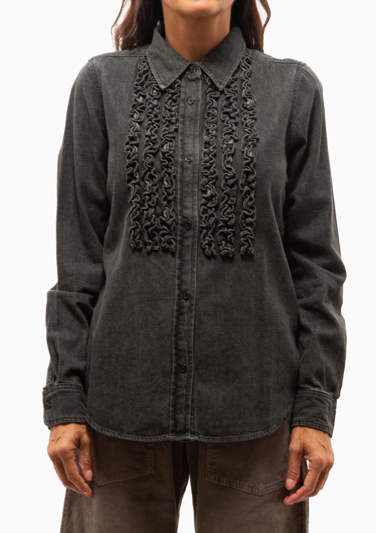 Emilie Denim Ruffle Shirt | Faded Black Wash