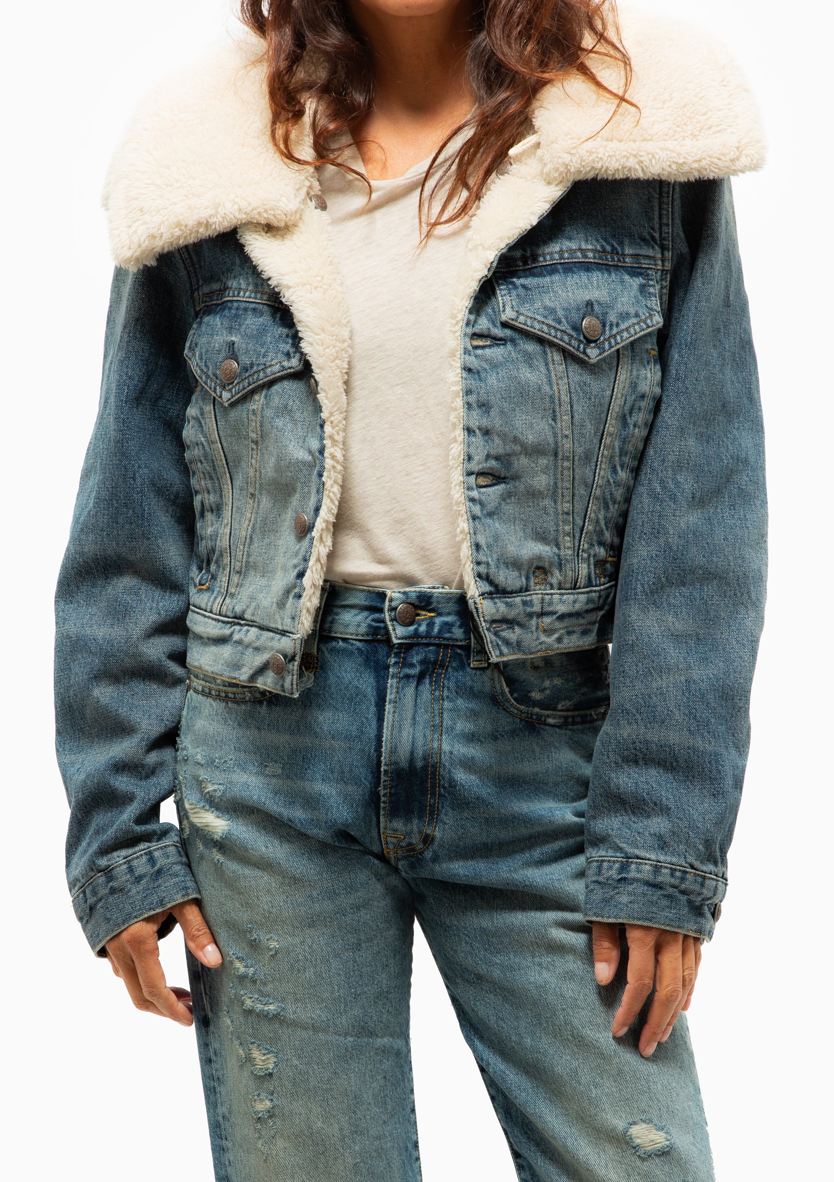 Double Collar Sherpa Trucker Jacket | Leo Blue