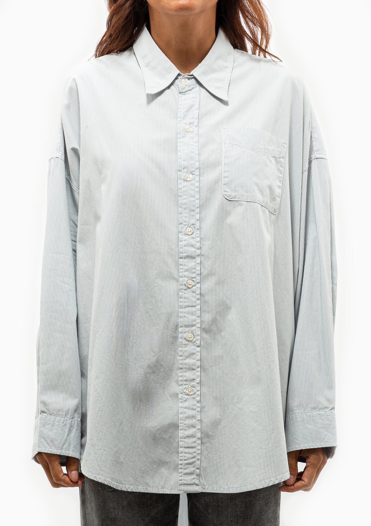 Drop Neck Oxford Shirt | Blue/White Pinstripe