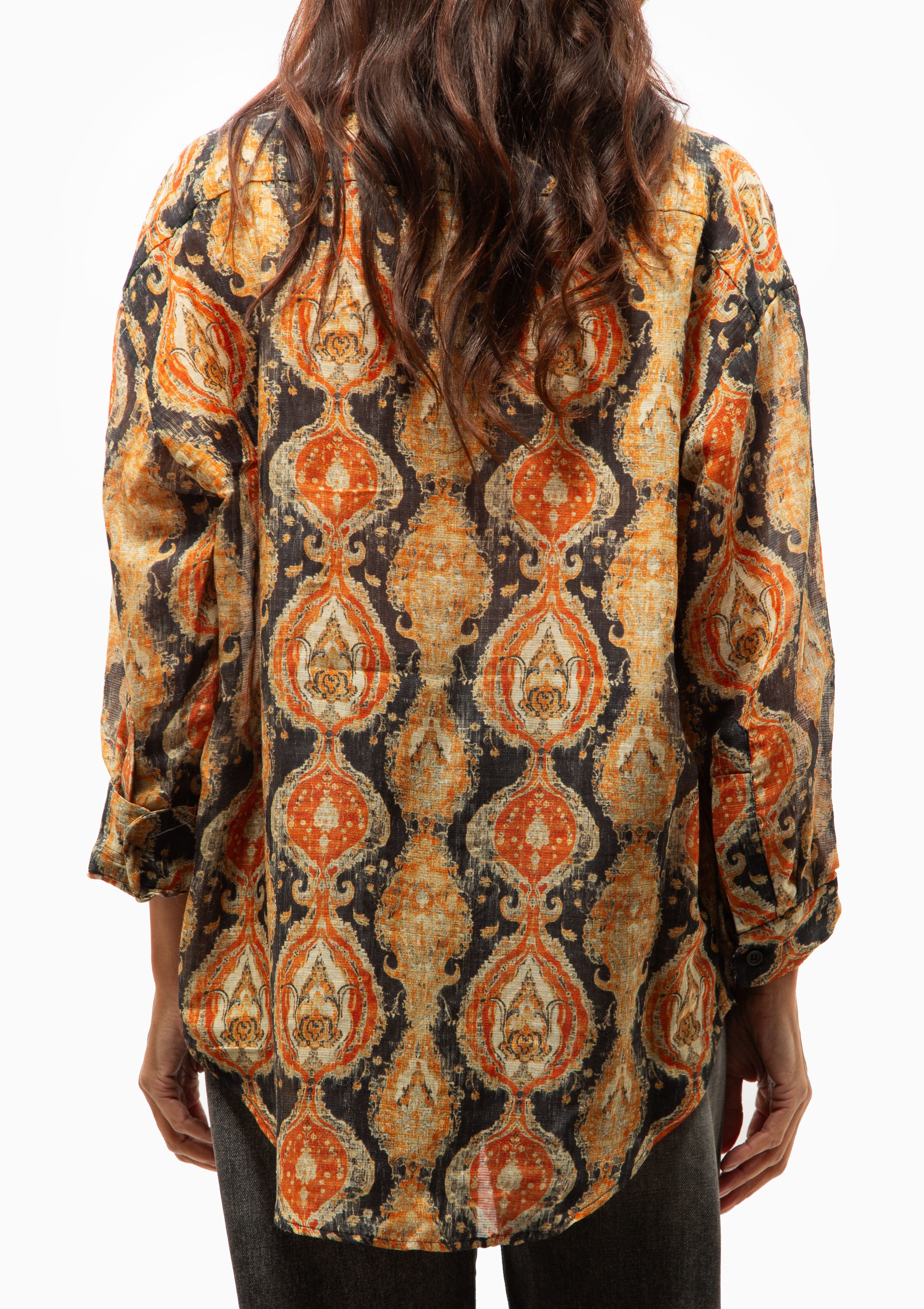 Gathered Yoke Drop Neck Shirt | Orange Dark Navy Multicolor