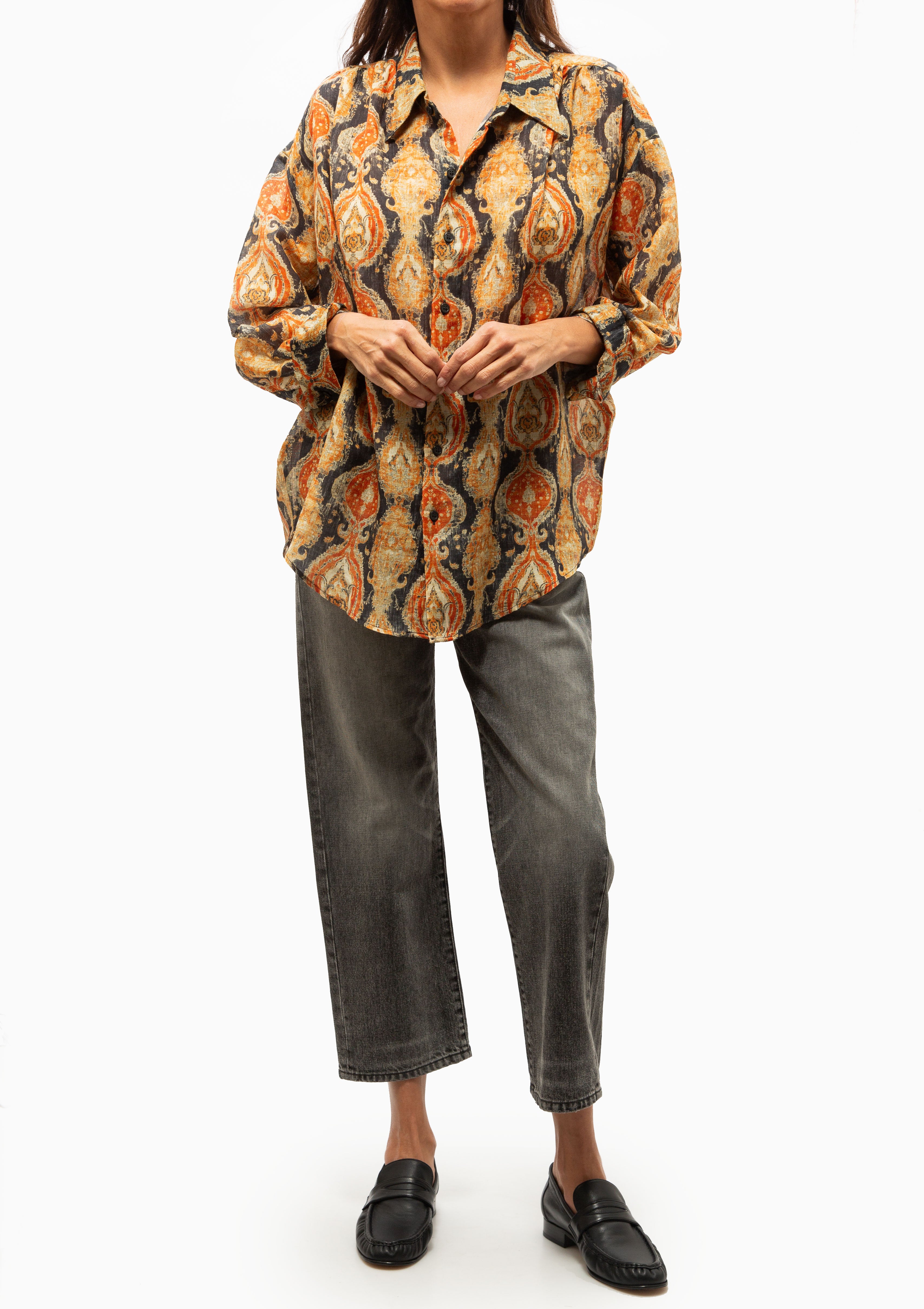 Gathered Yoke Drop Neck Shirt | Orange Dark Navy Multicolor