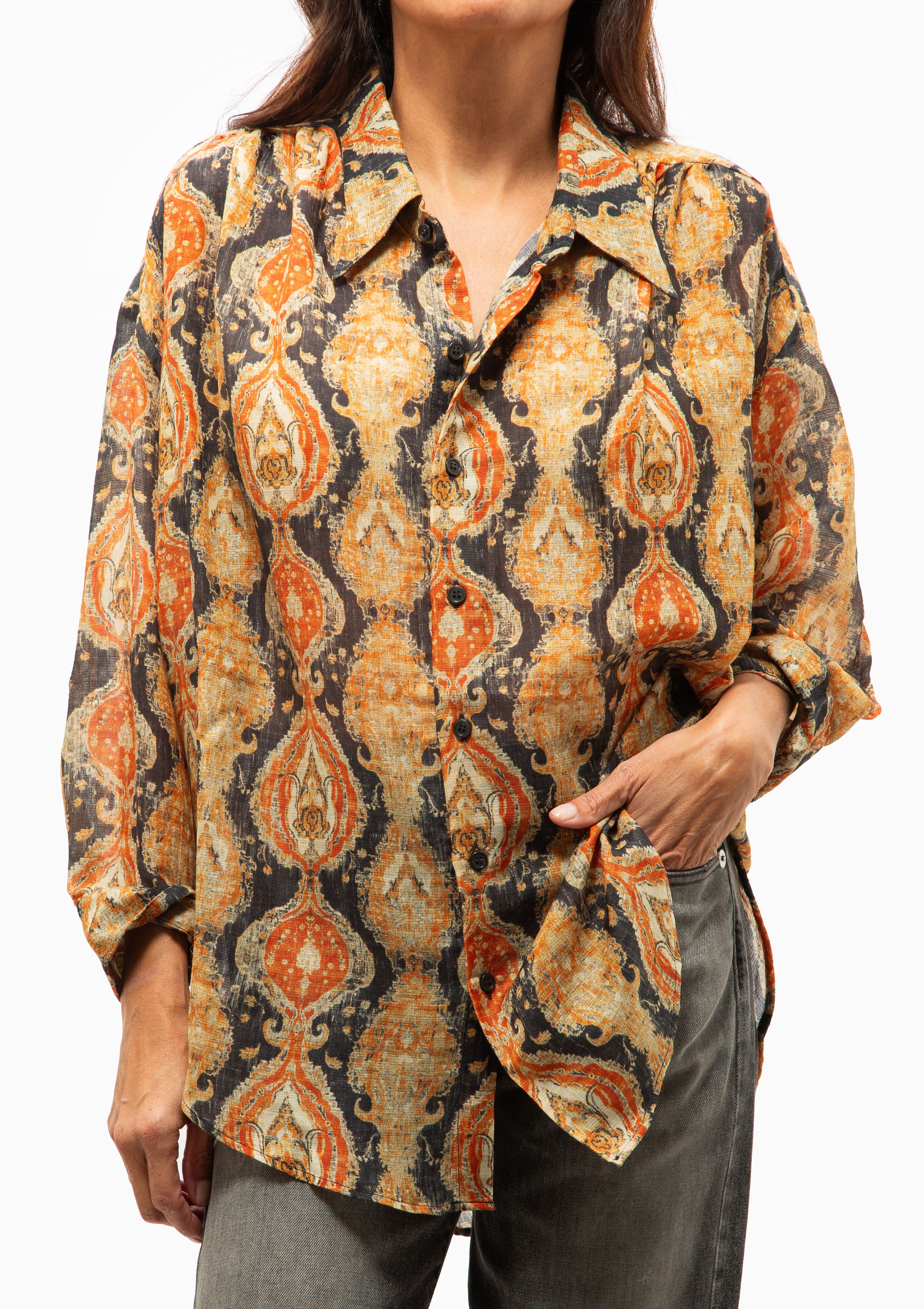 Gathered Yoke Drop Neck Shirt | Orange Dark Navy Multicolor