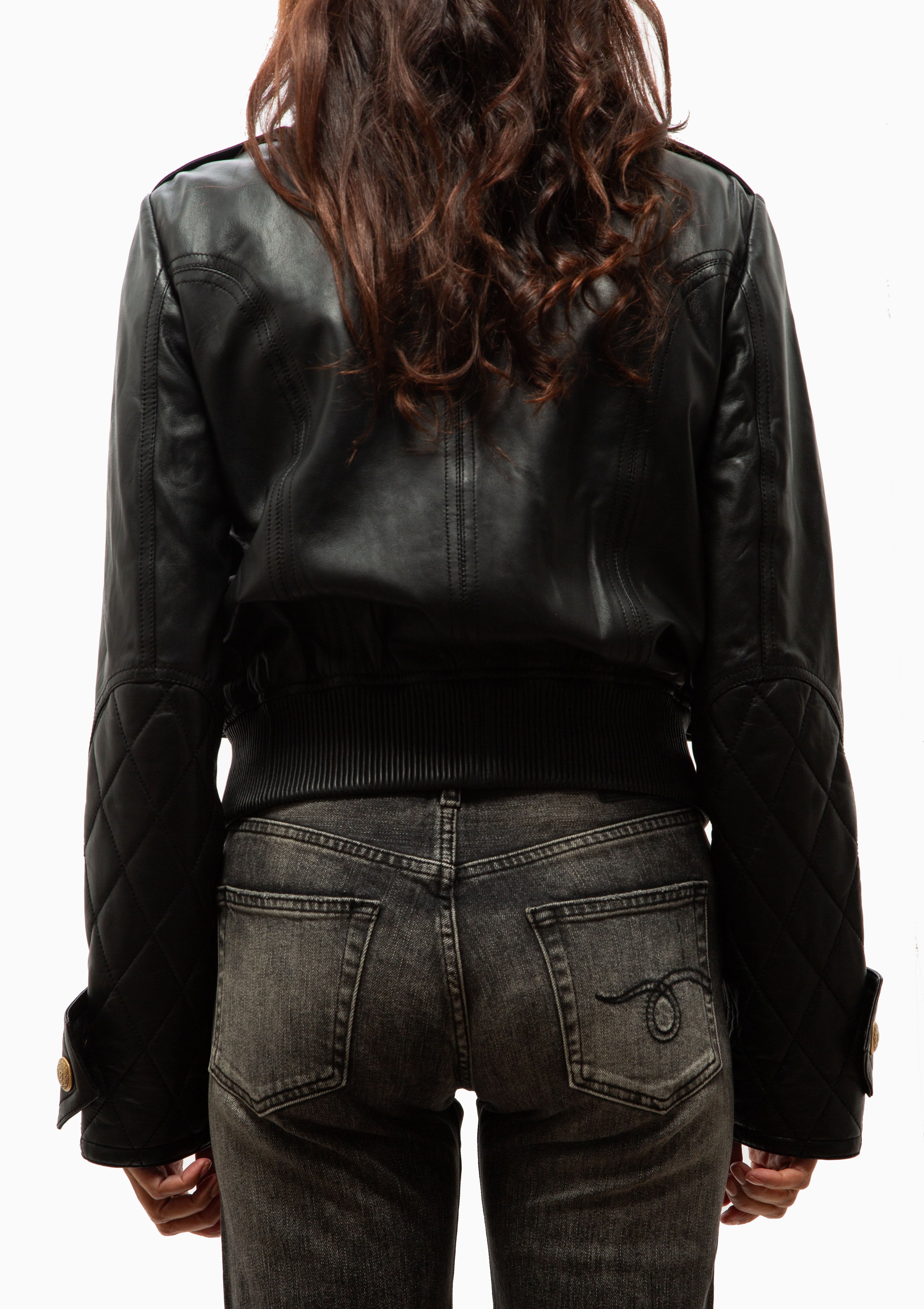 Leather Shrunken Quilted Zippered Jacket | Black