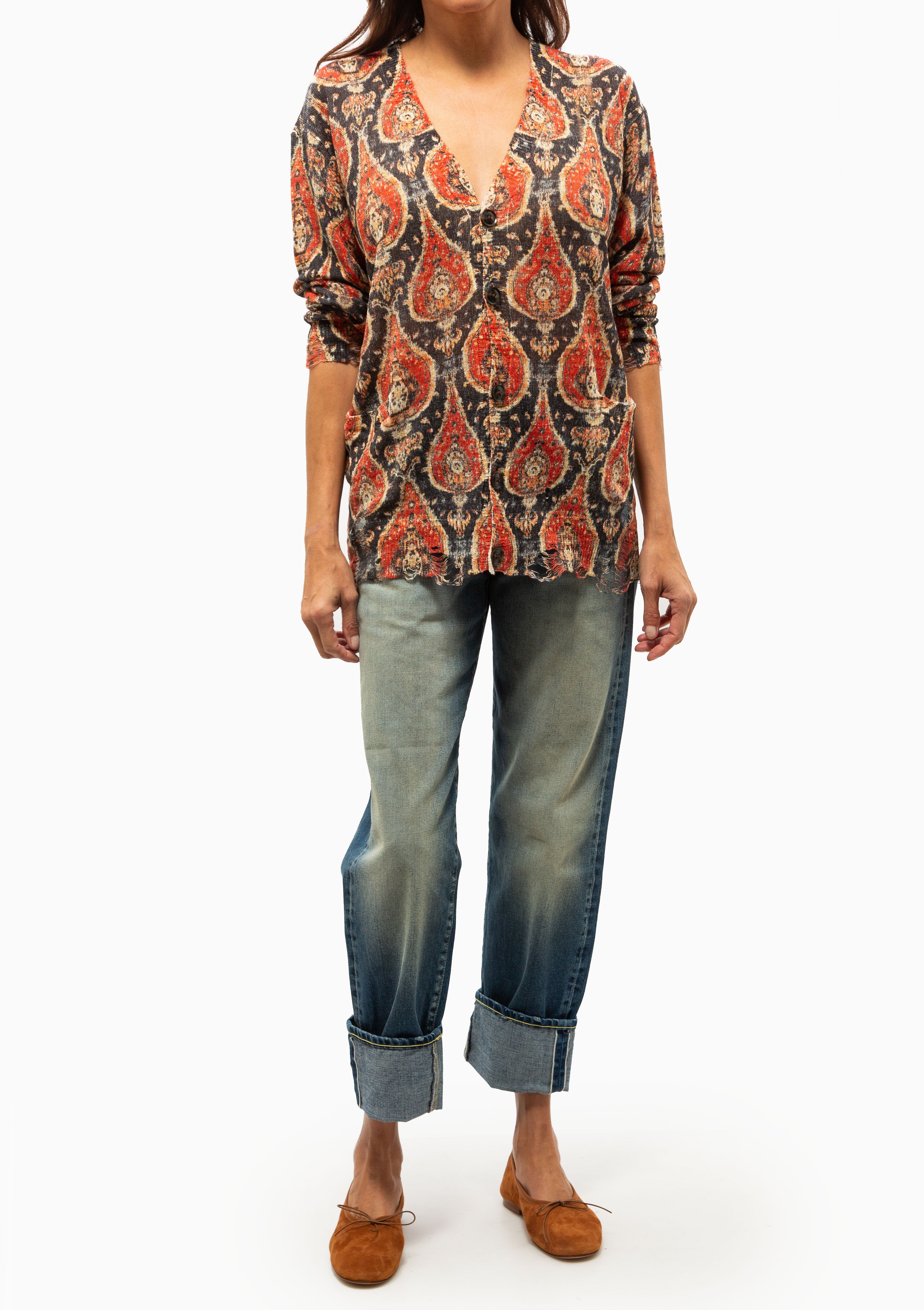 Printed Boyfriend Cardigan | Orange Black Multicolor