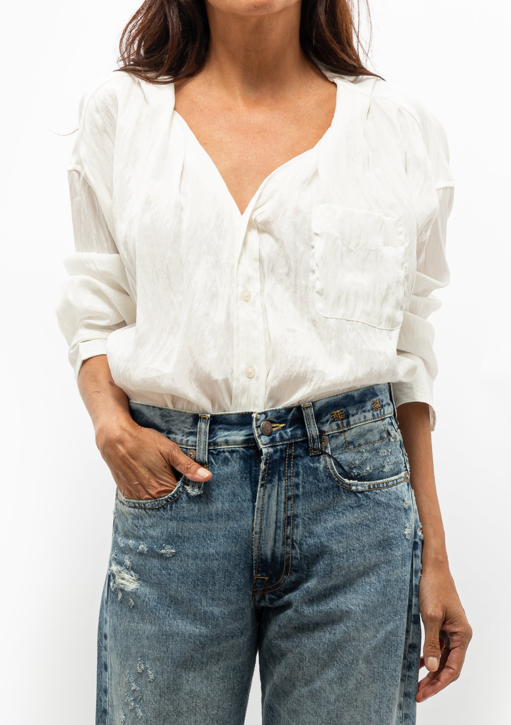 R13 Twisted Neck Shirt in white Japanese crinkle lyocell — available at Diani Boutique.