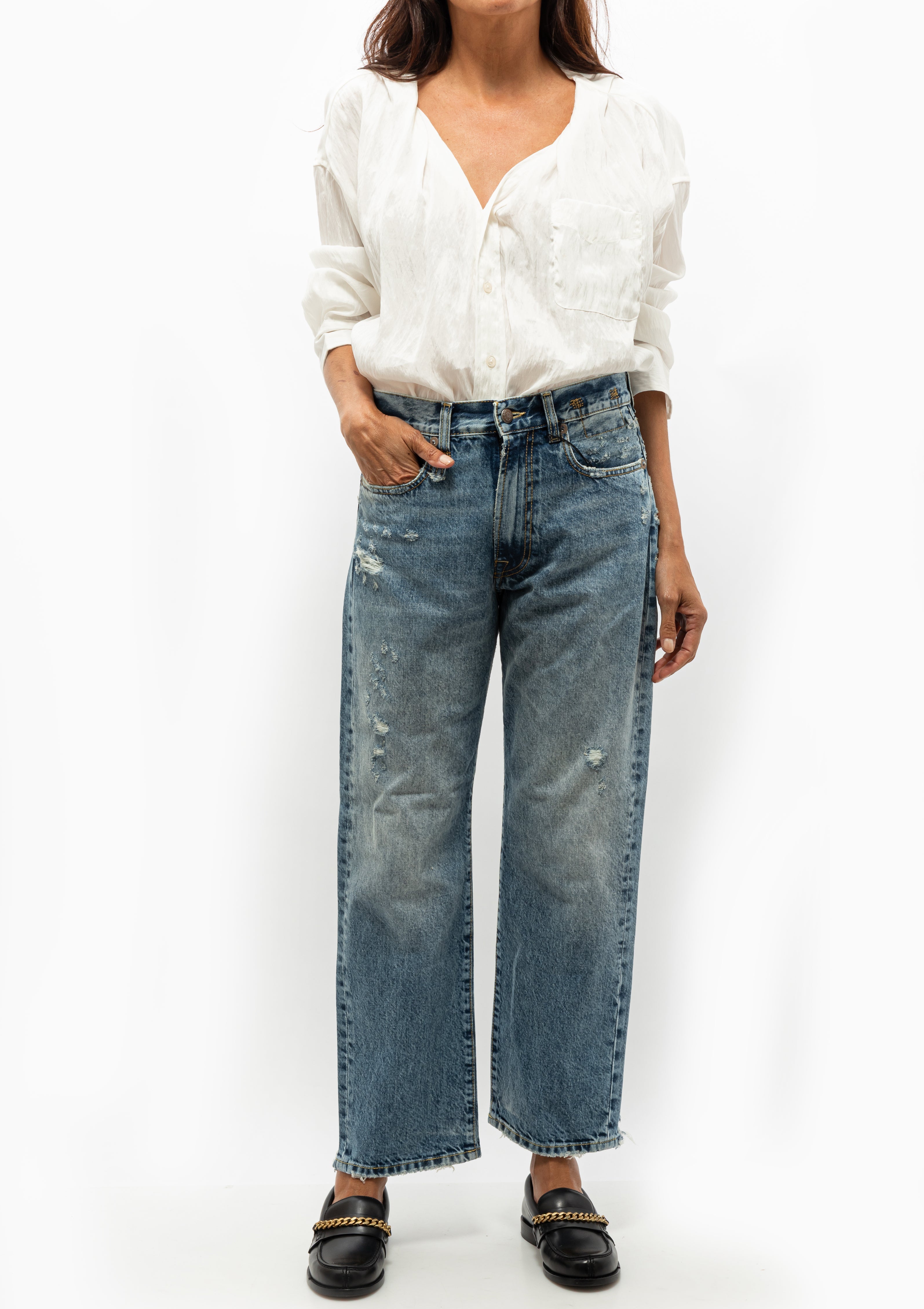 Unique and lightweight Twisted Neck Shirt by R13 in white lyocell, shown with the Golden Goose Jerry Loafer and the R13 Boyfriend Jean— shop at Diani Boutique.